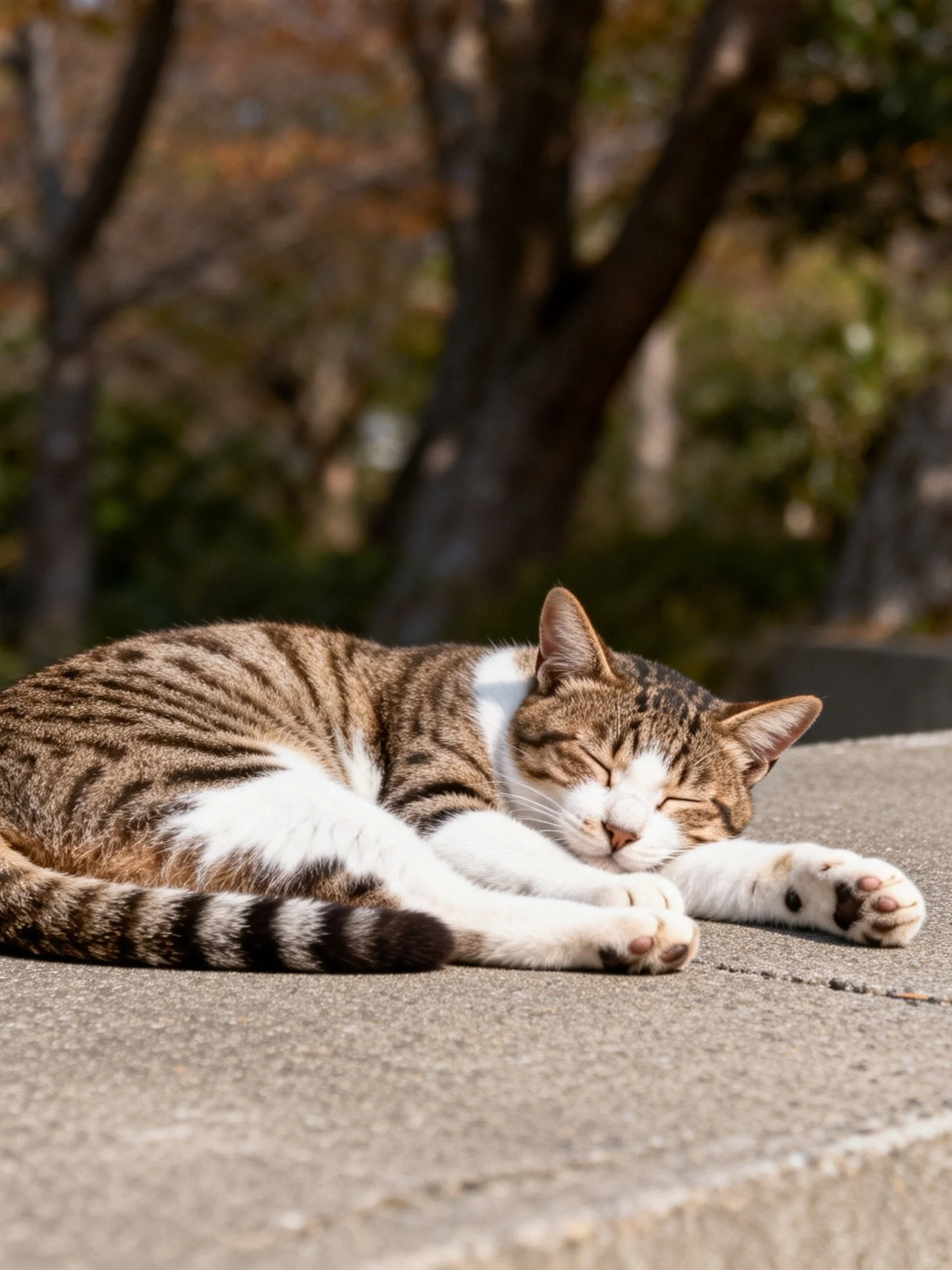 A brown and white striped cat resting on a concrete surface outdoors
