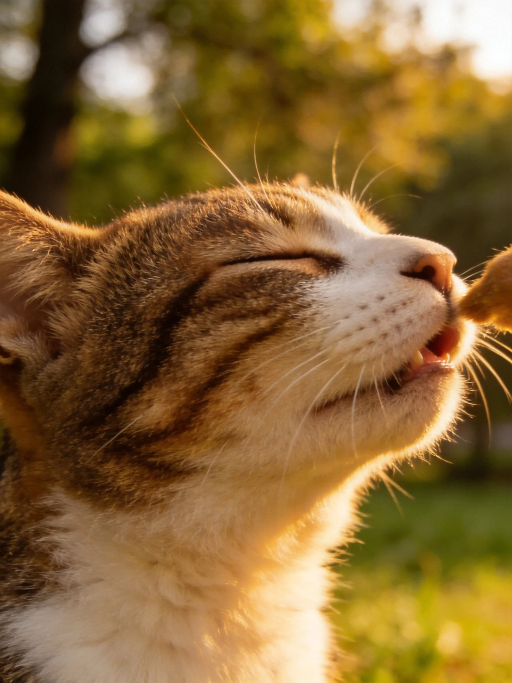 A brown and white tabby cat enjoys a treat in golden sunlight