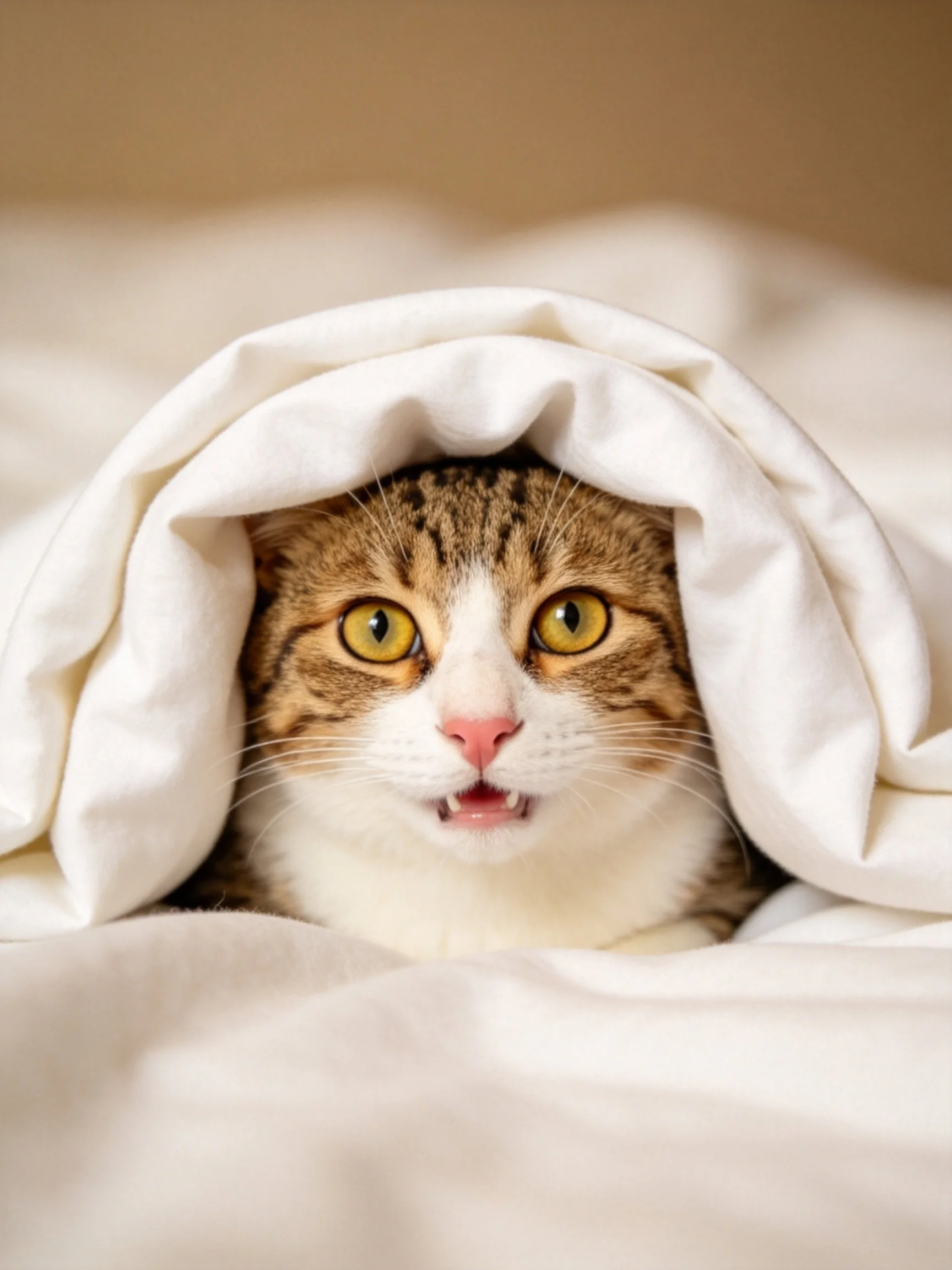 A brown and white tabby cat hides under a white blanket