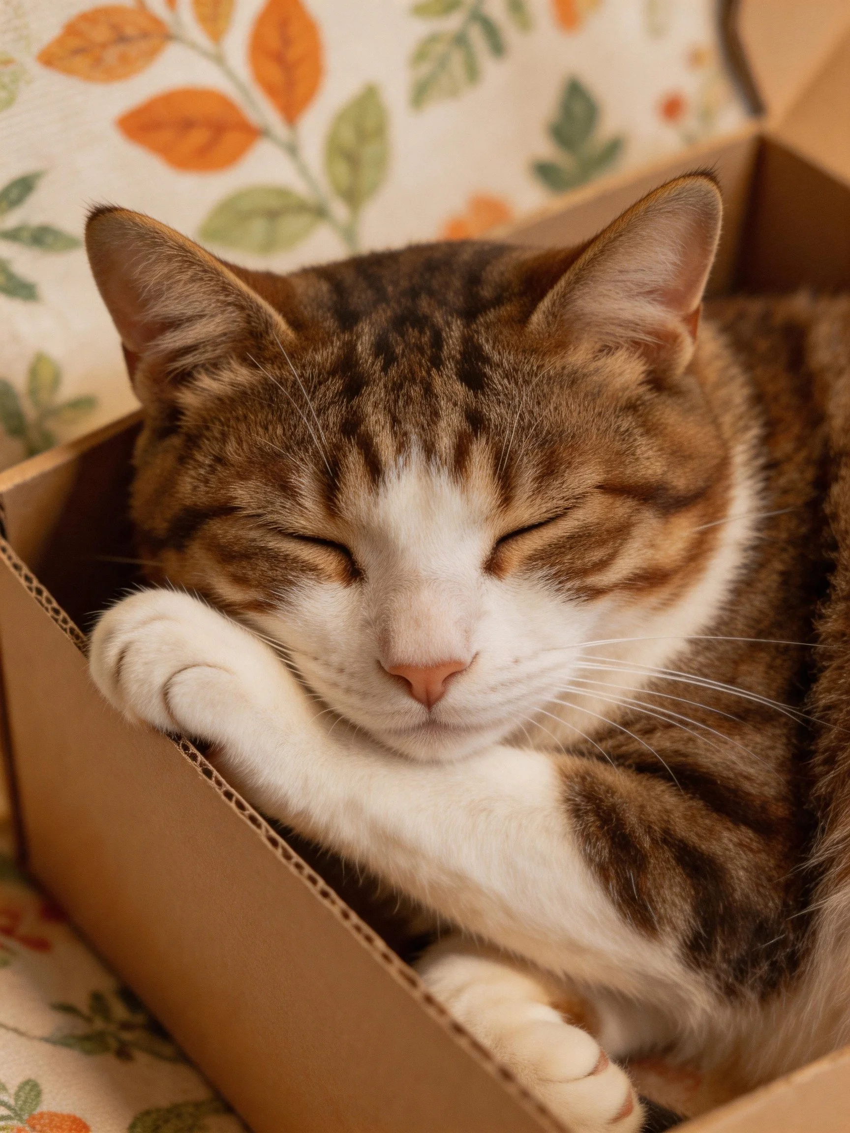 A brown and white tabby cat rests peacefully inside an open cardboard box.