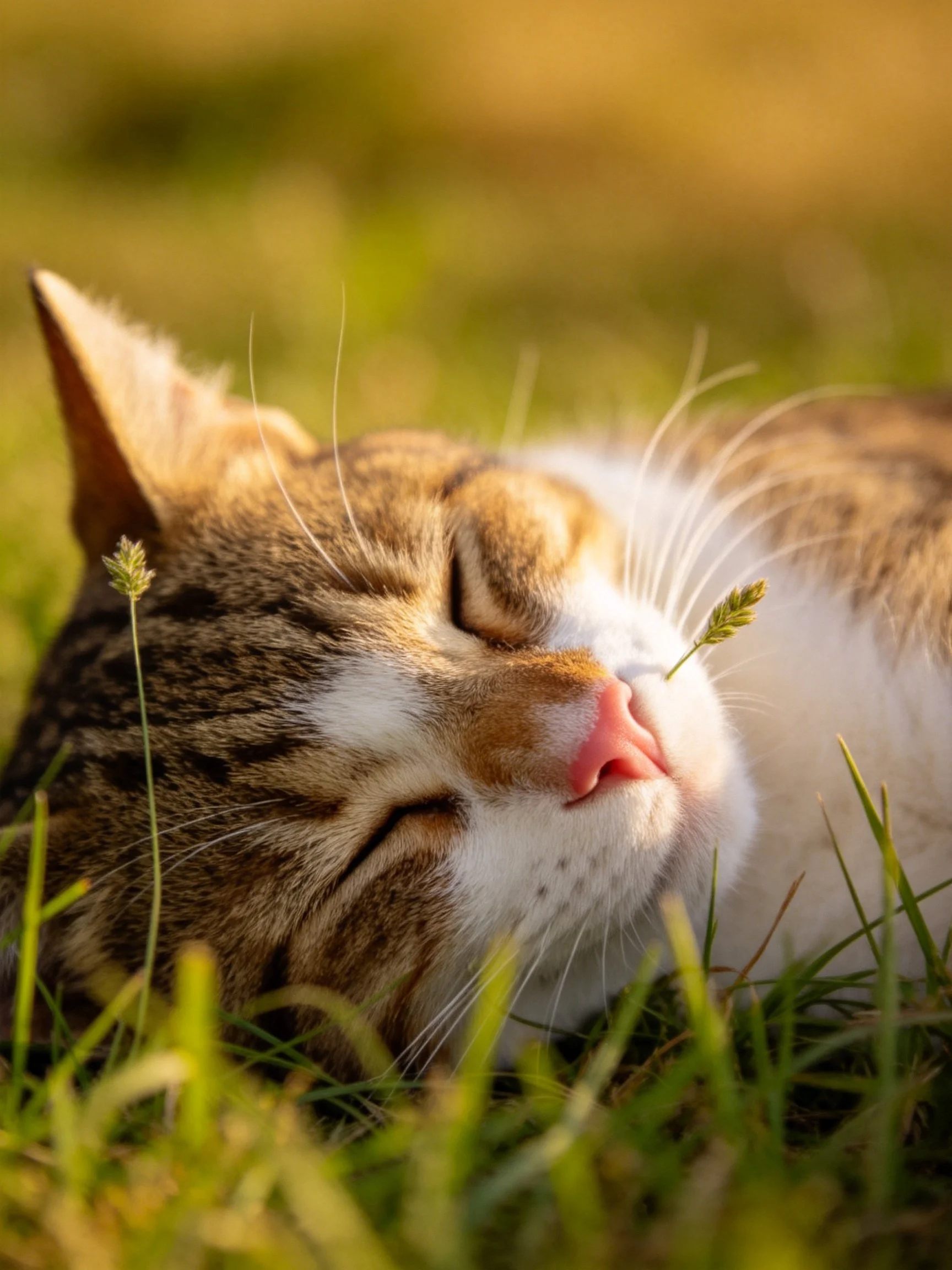 A brown and white tabby cat napping in green grass