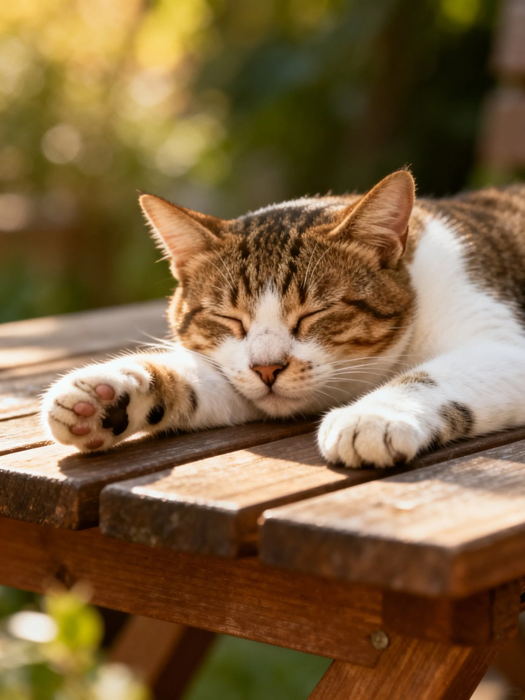 A brown-and-white tabby cat naps on a wooden outdoor table