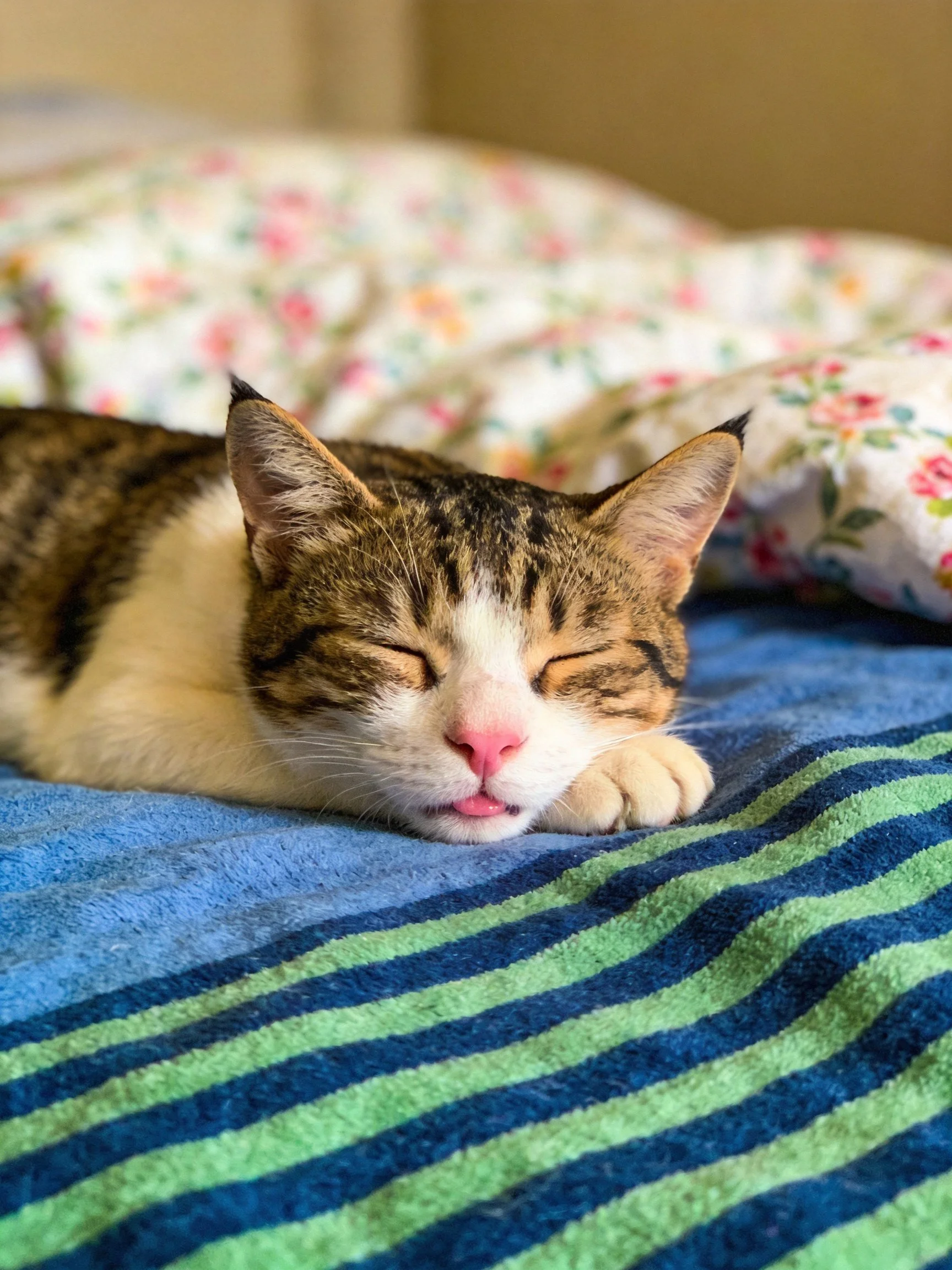 A brown and white tabby cat naps on striped towels with floral fabric