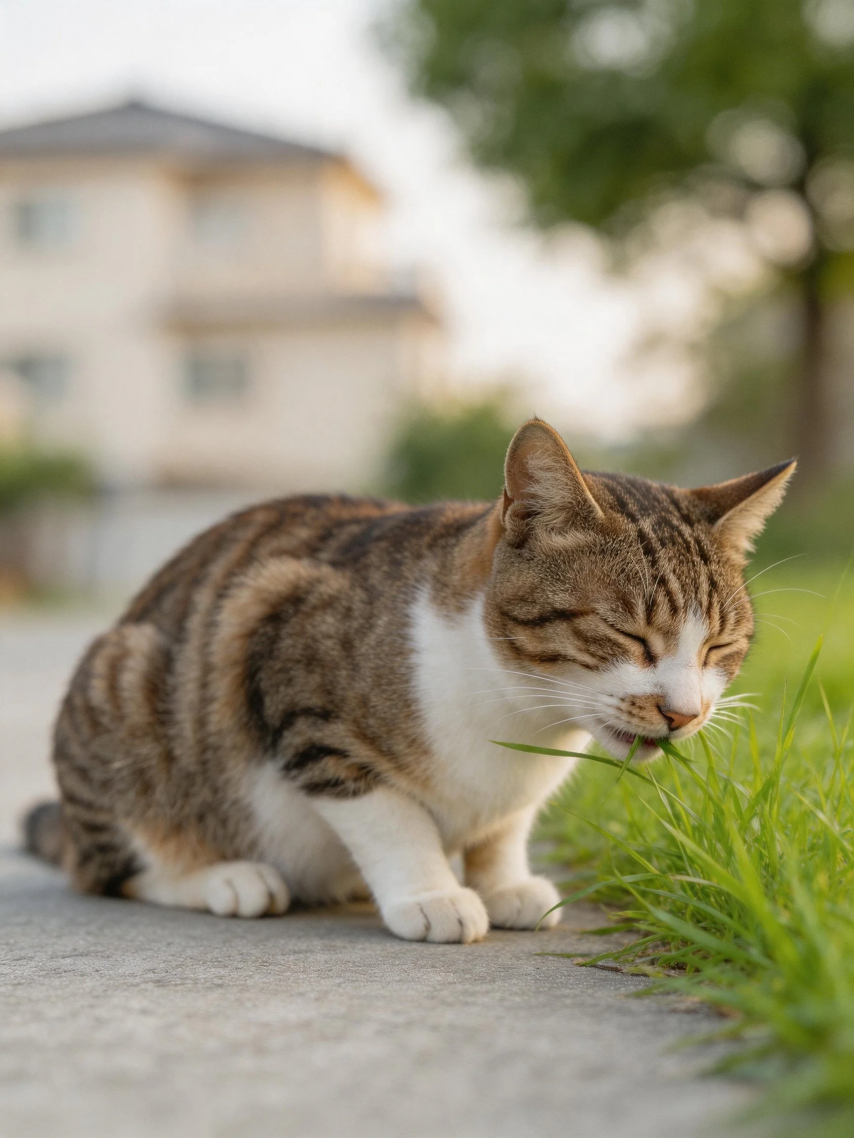 A brown and white tabby cat nibbling green grass outdoors