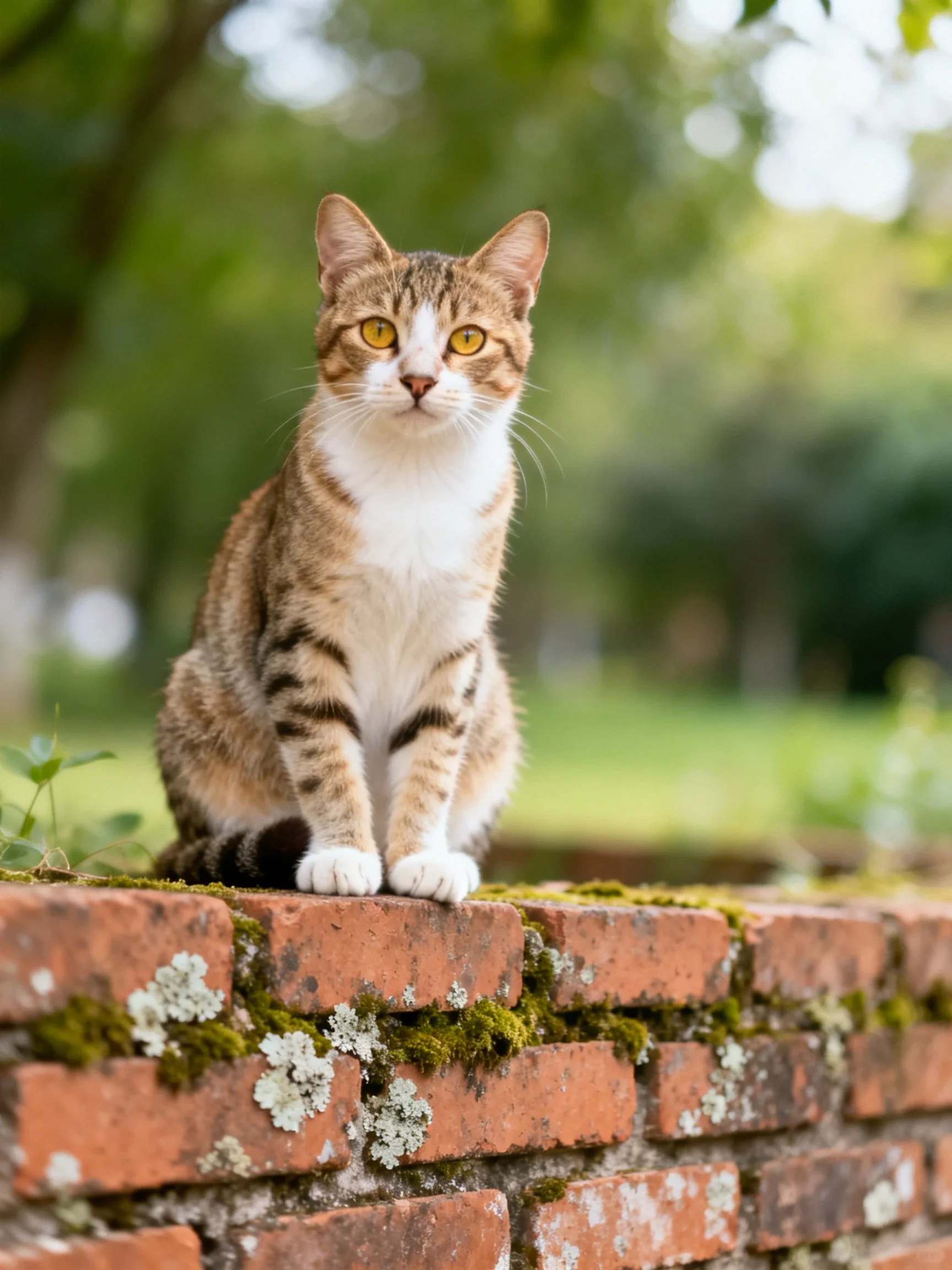 A brown and white tabby cat perched on a mossy brick wall