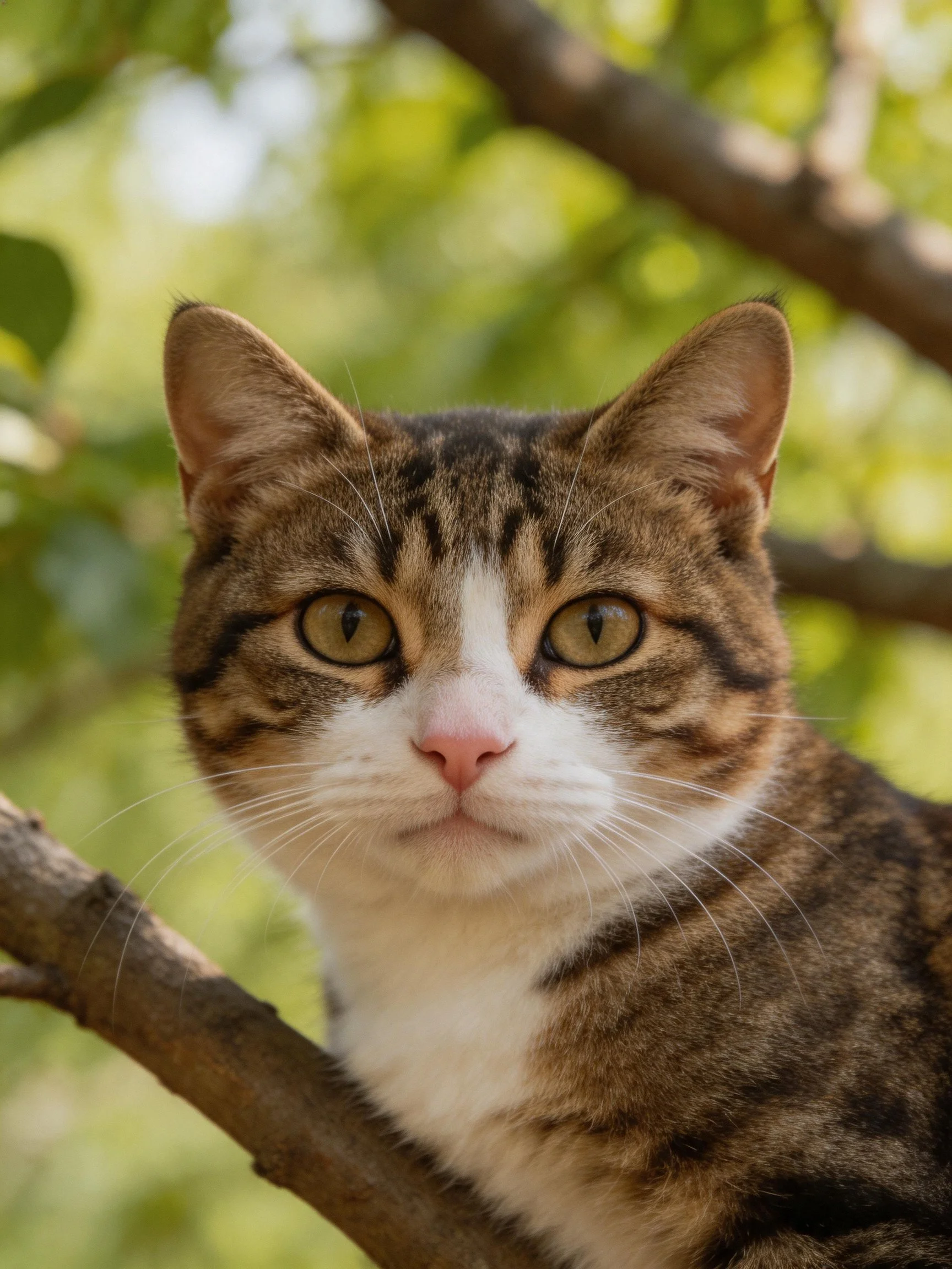 A brown and white tabby cat perched on a tree branch