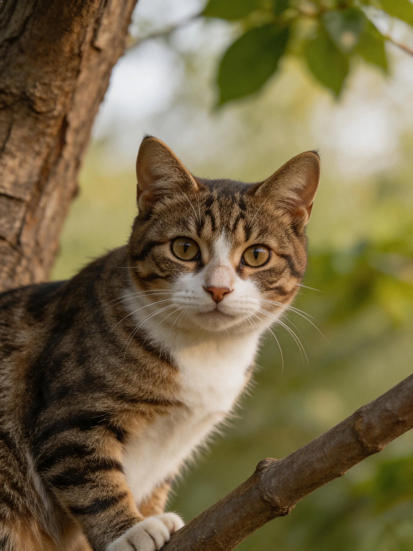 A brown and white tabby cat perched on a tree branch