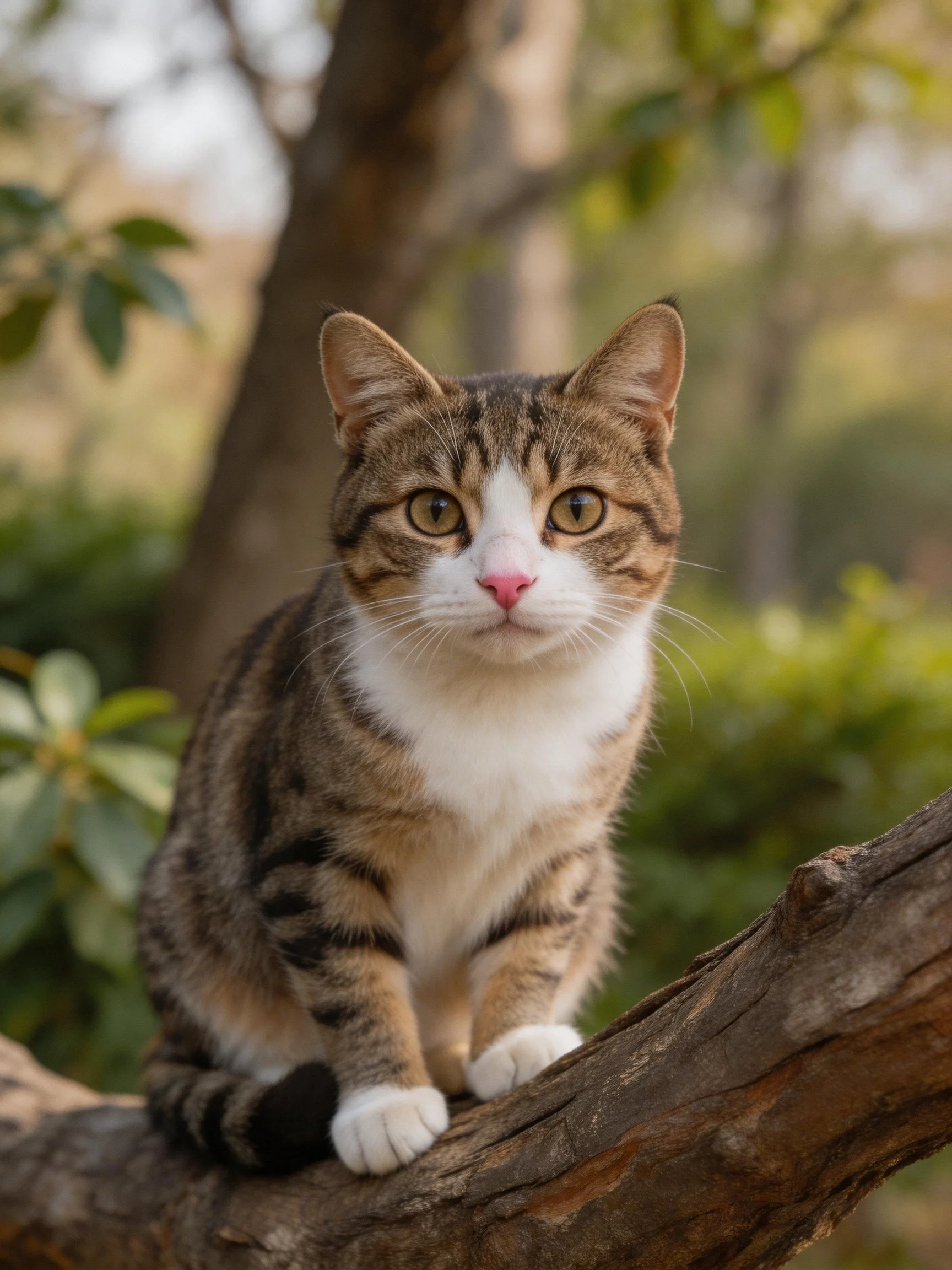 A brown and white tabby cat perched on a weathered tree branch