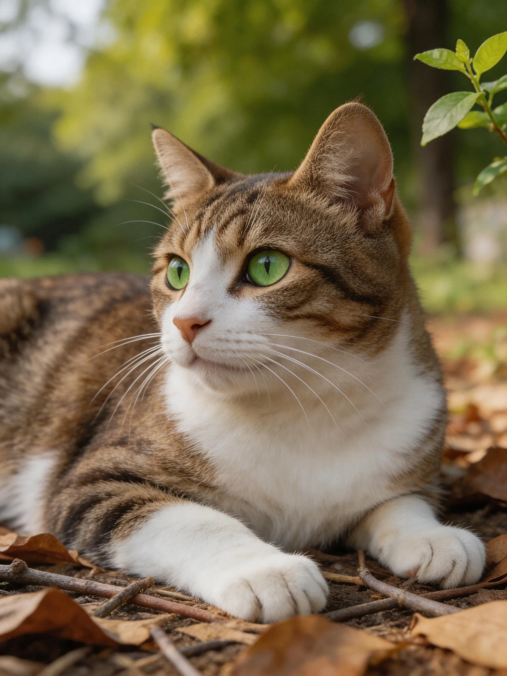 A brown and white tabby cat relaxes among autumn leaves outdoors