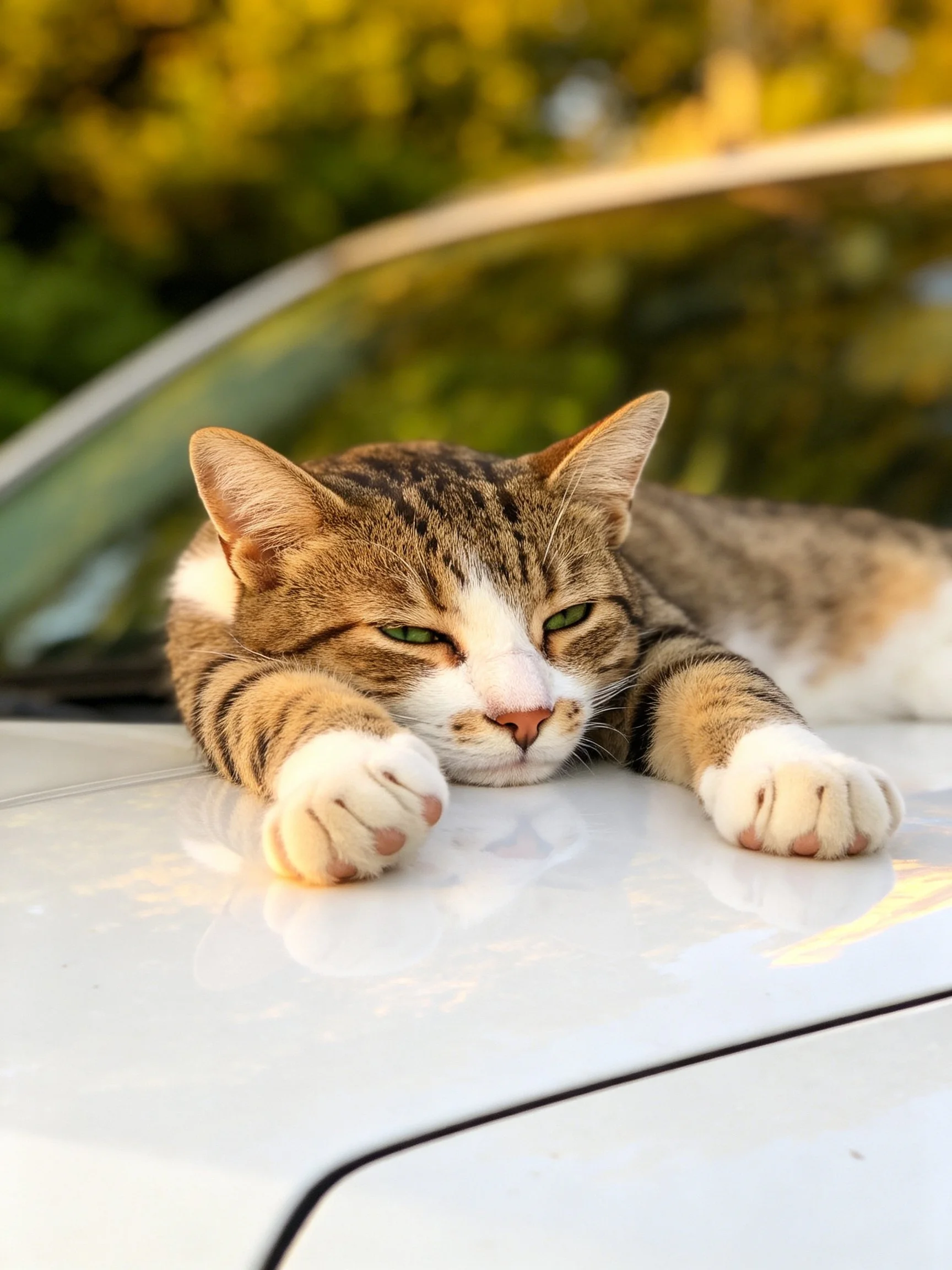 A brown and white tabby cat relaxes on a white car hood