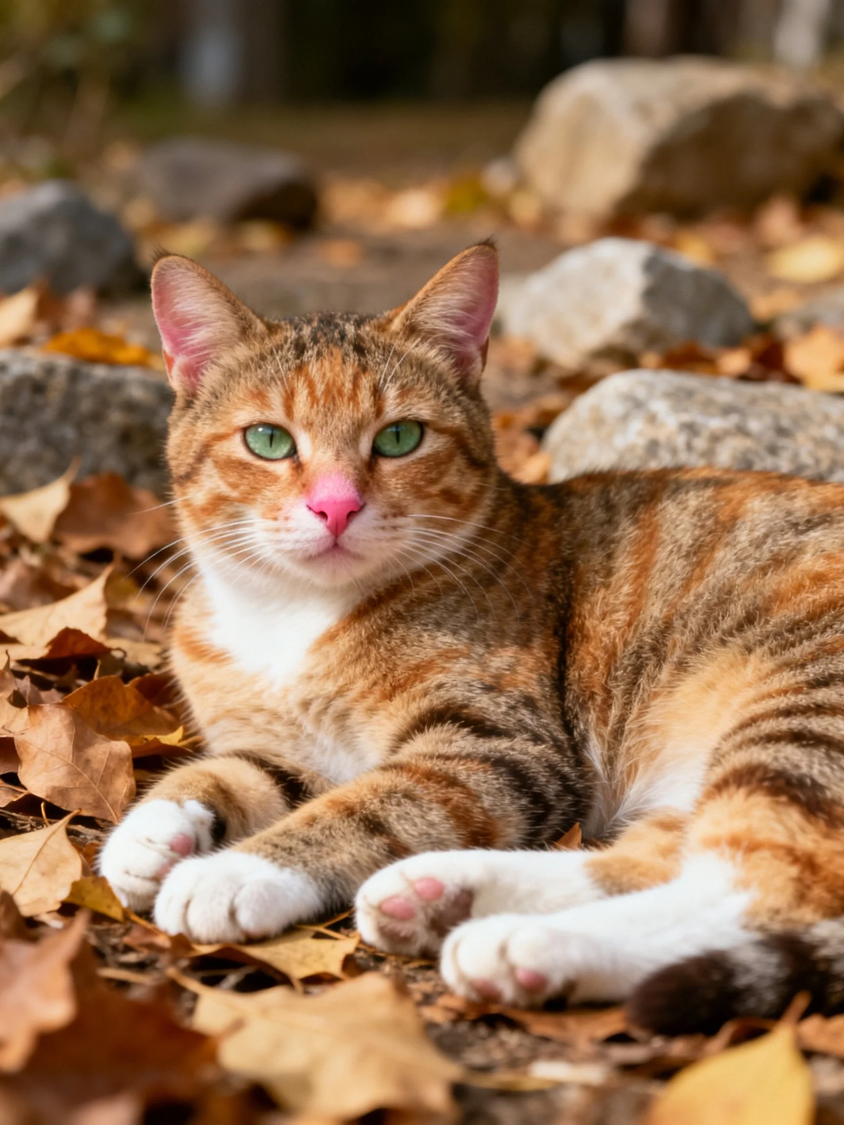 A brown and white tabby cat rests among autumn leaves and rocks.