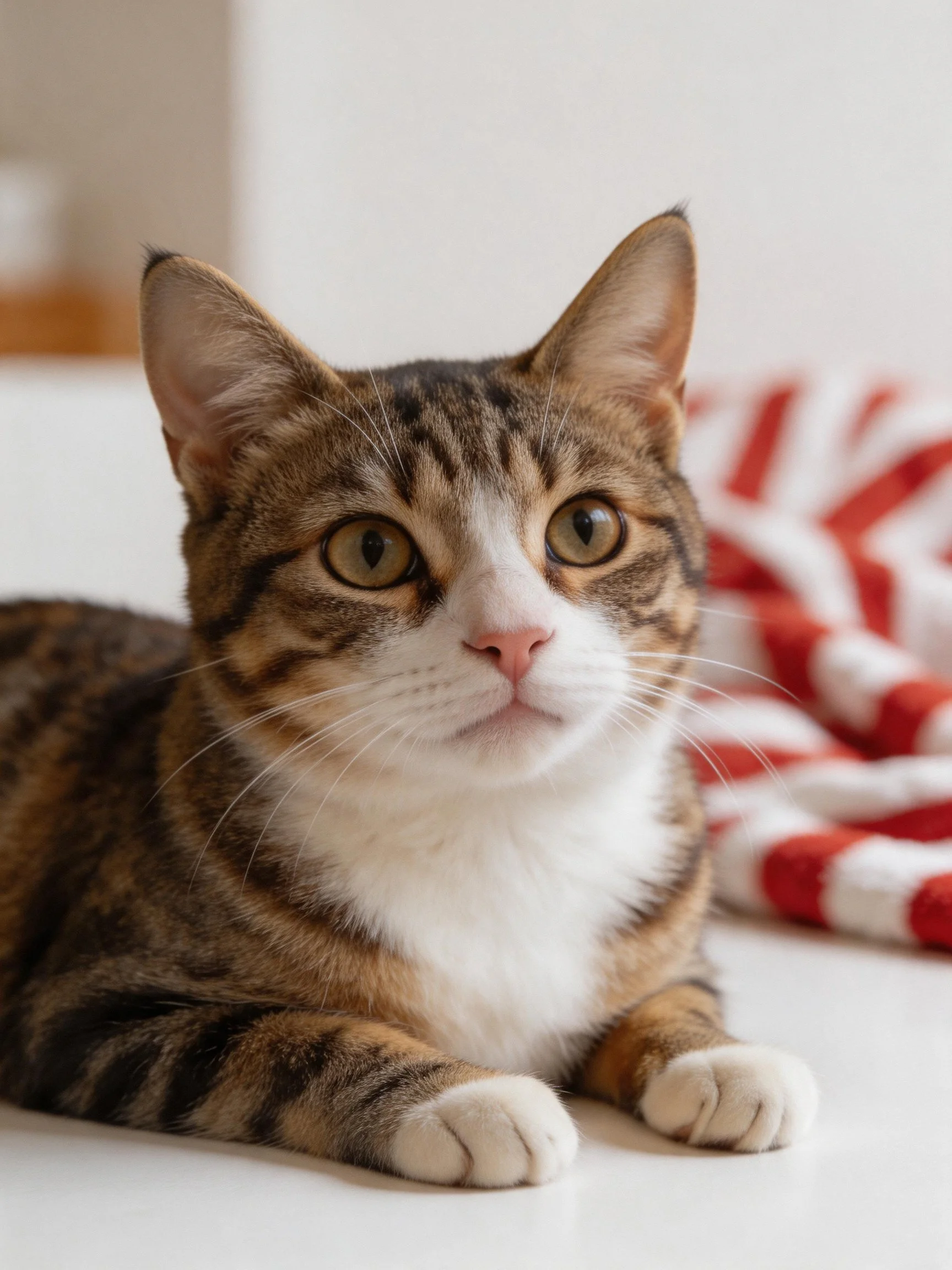 A brown and white tabby cat rests near a red-and-white striped cloth indoors.
