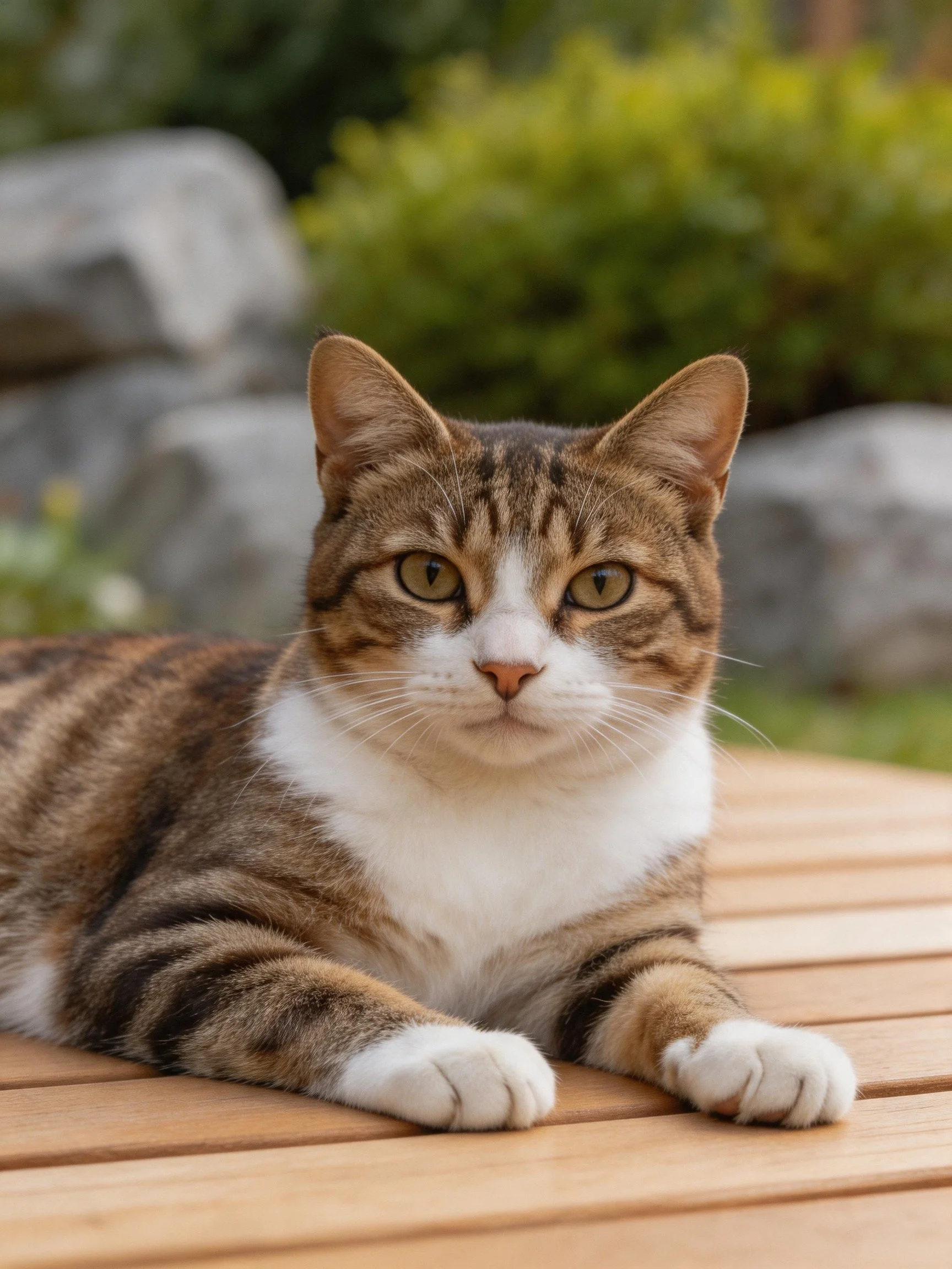 A brown-and-white tabby cat relaxes on a wooden patio table in a garden.