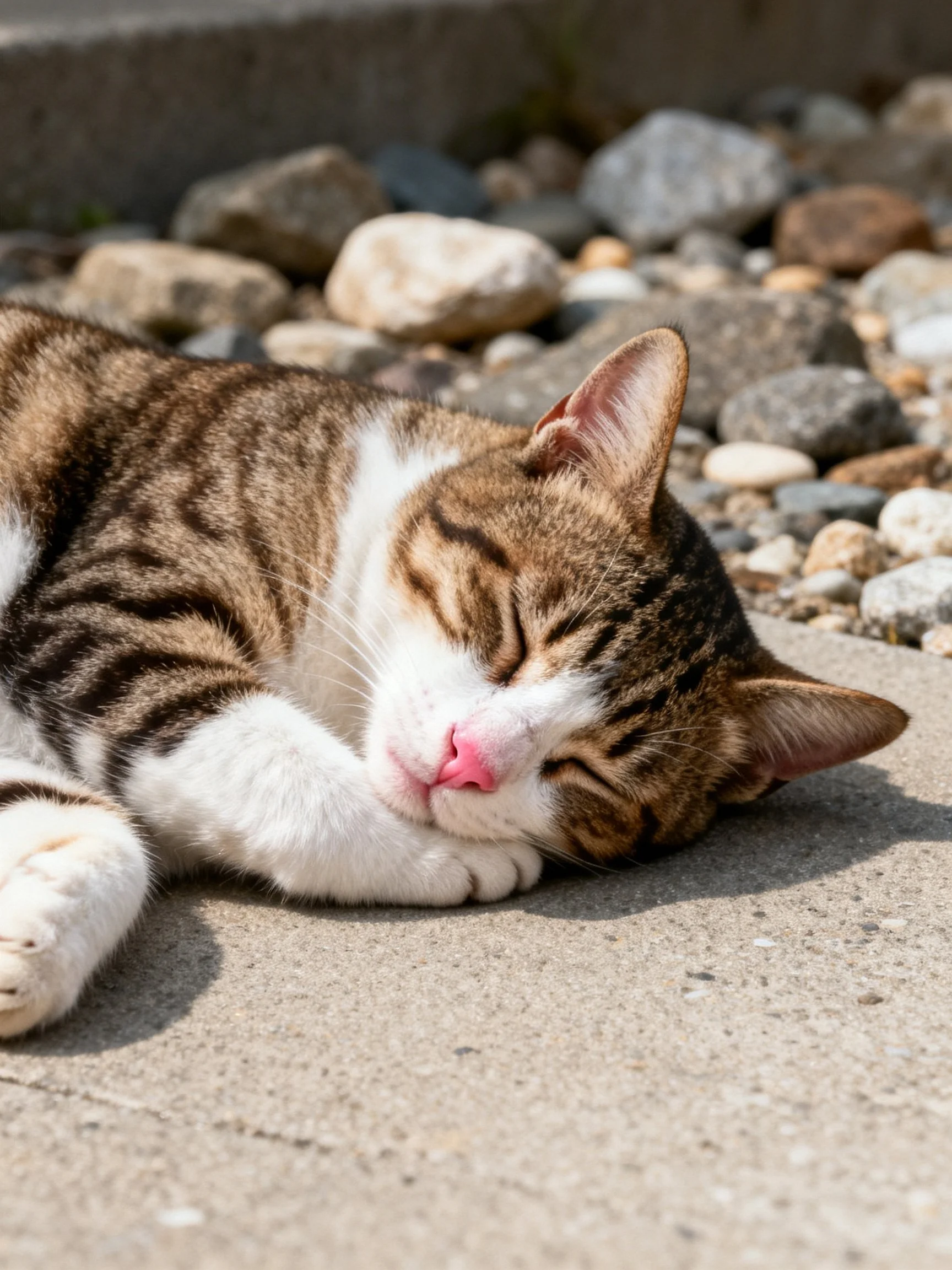 A brown and white tabby cat sleeps on concrete surrounded by rocks.