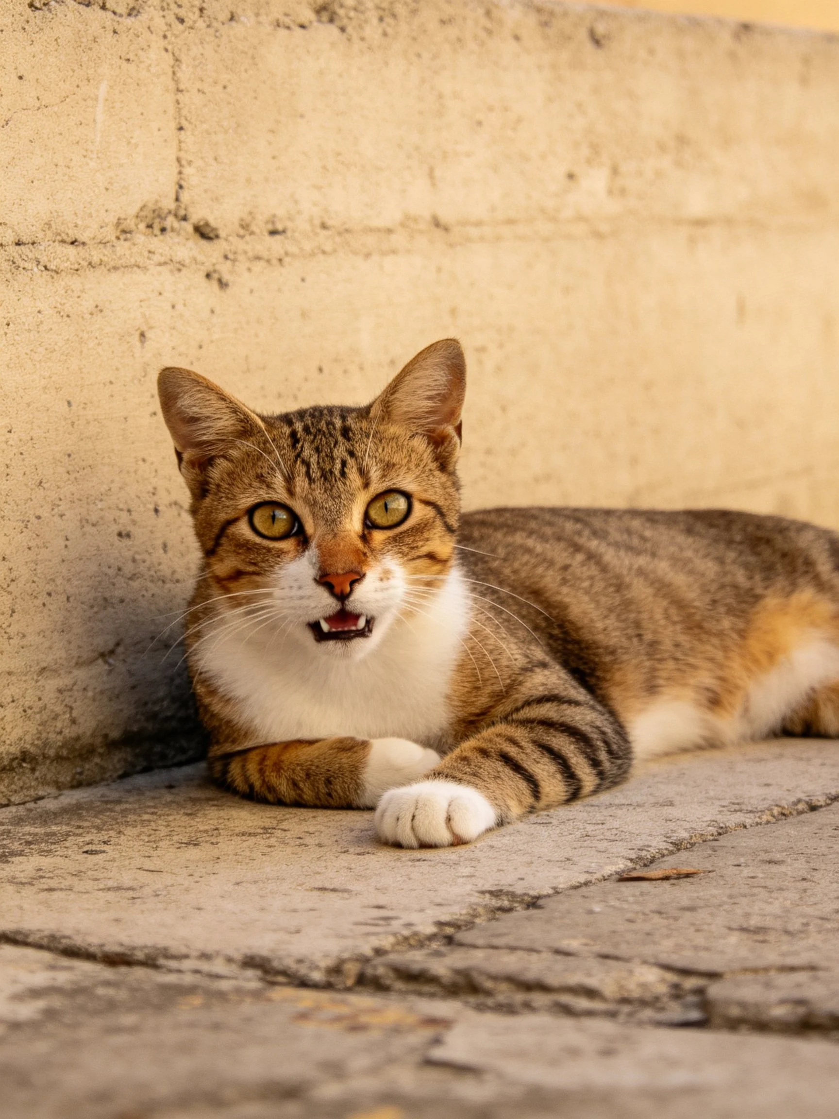 A brown and white tabby cat relaxes by a weathered concrete wall and ground