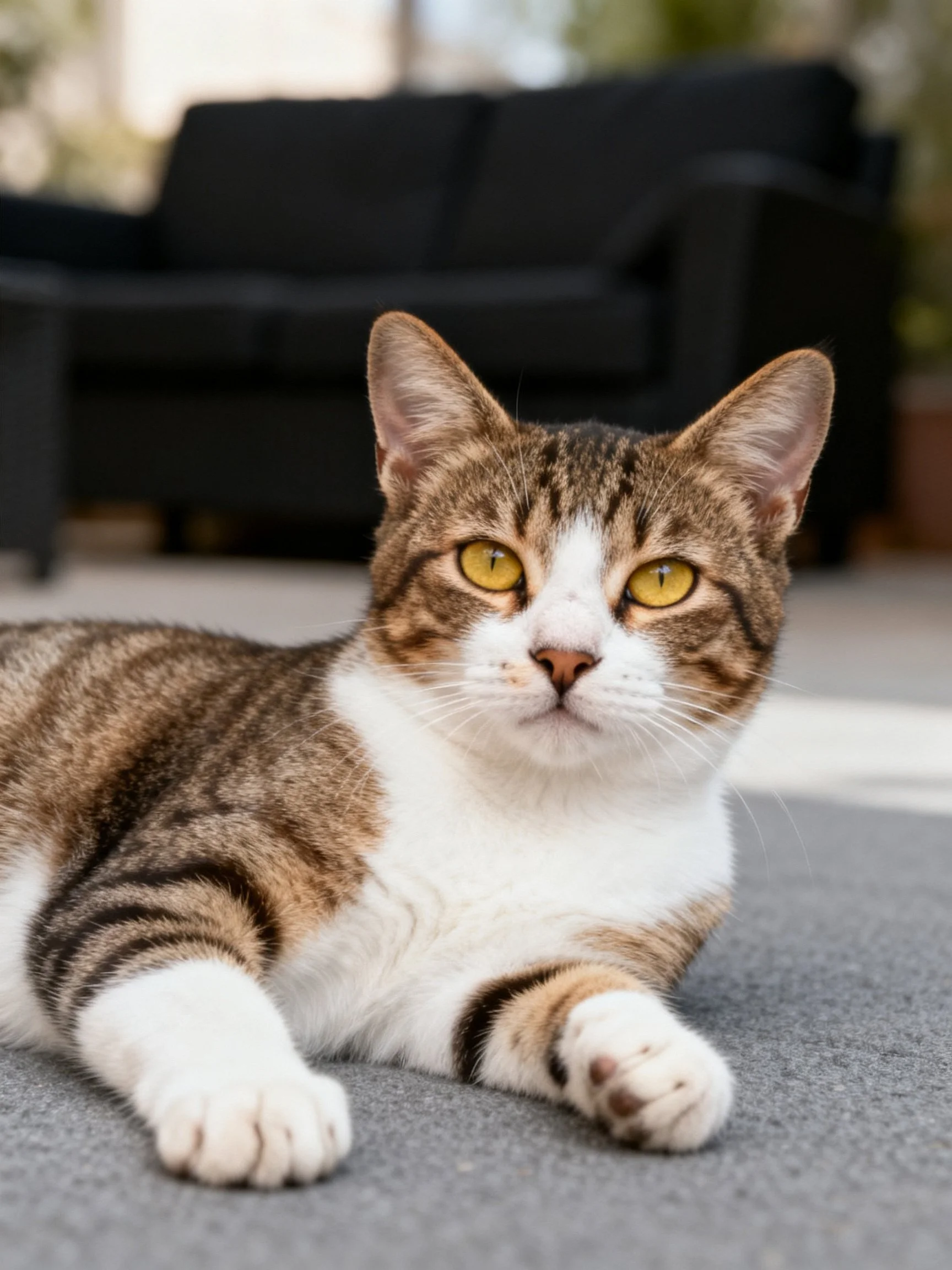 A brown and white tabby cat lies calmly on a gray carpet with a black sofa nearby the background