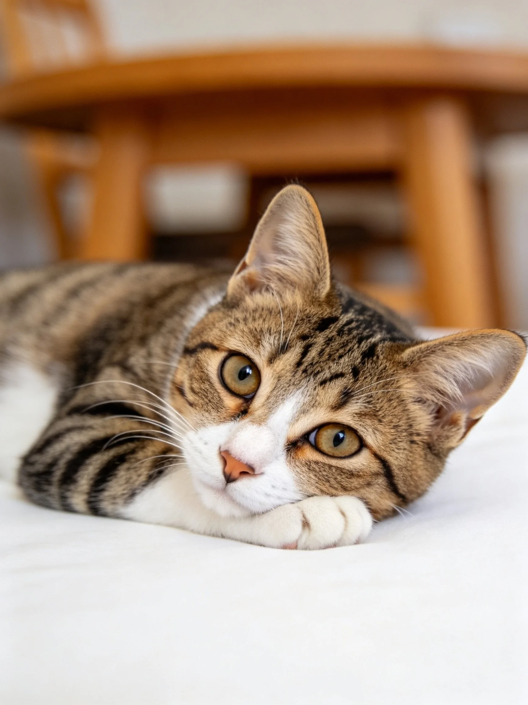 A brown and white tabby cat rests on a white surface with wooden furniture in the background.