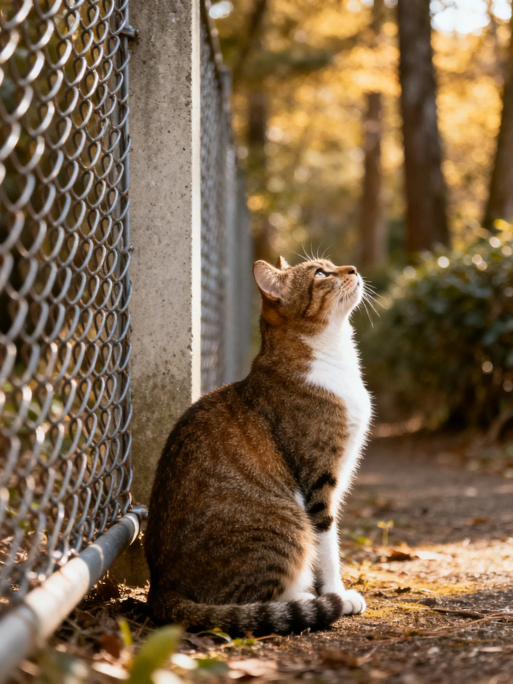 A brown and white tabby cat sits by a chain-link fence in a sunlit outdoor space.