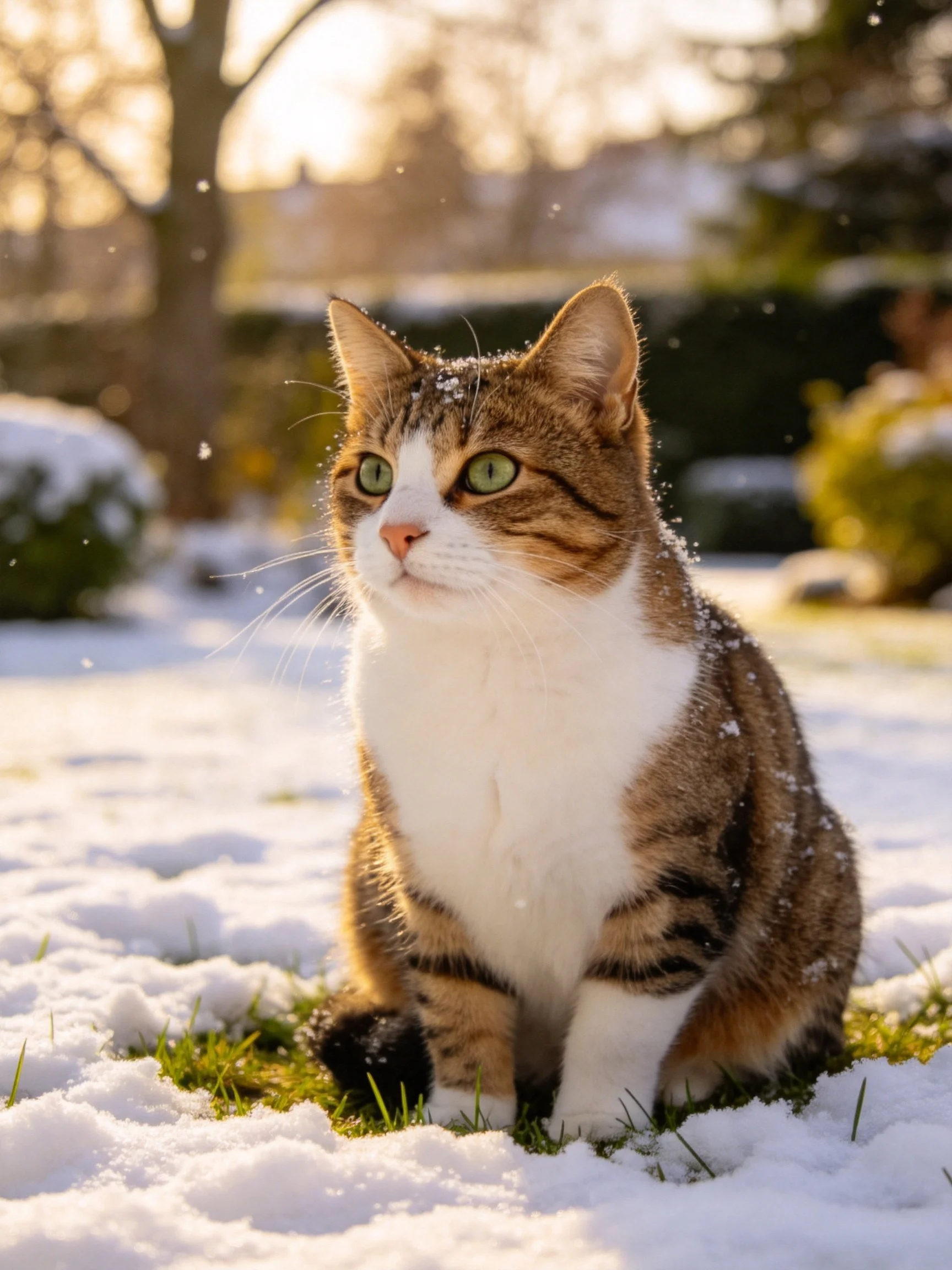 A tabby and white cat sits in a snowy yard under sunlight.