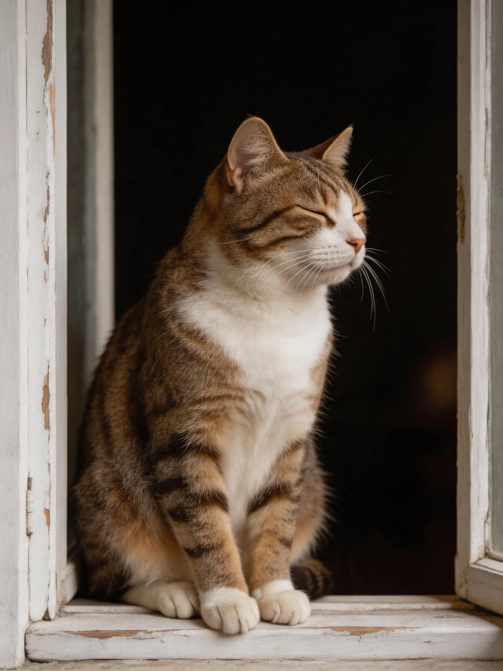 A brown and white tabby cat sits calmly in an old wooden window.