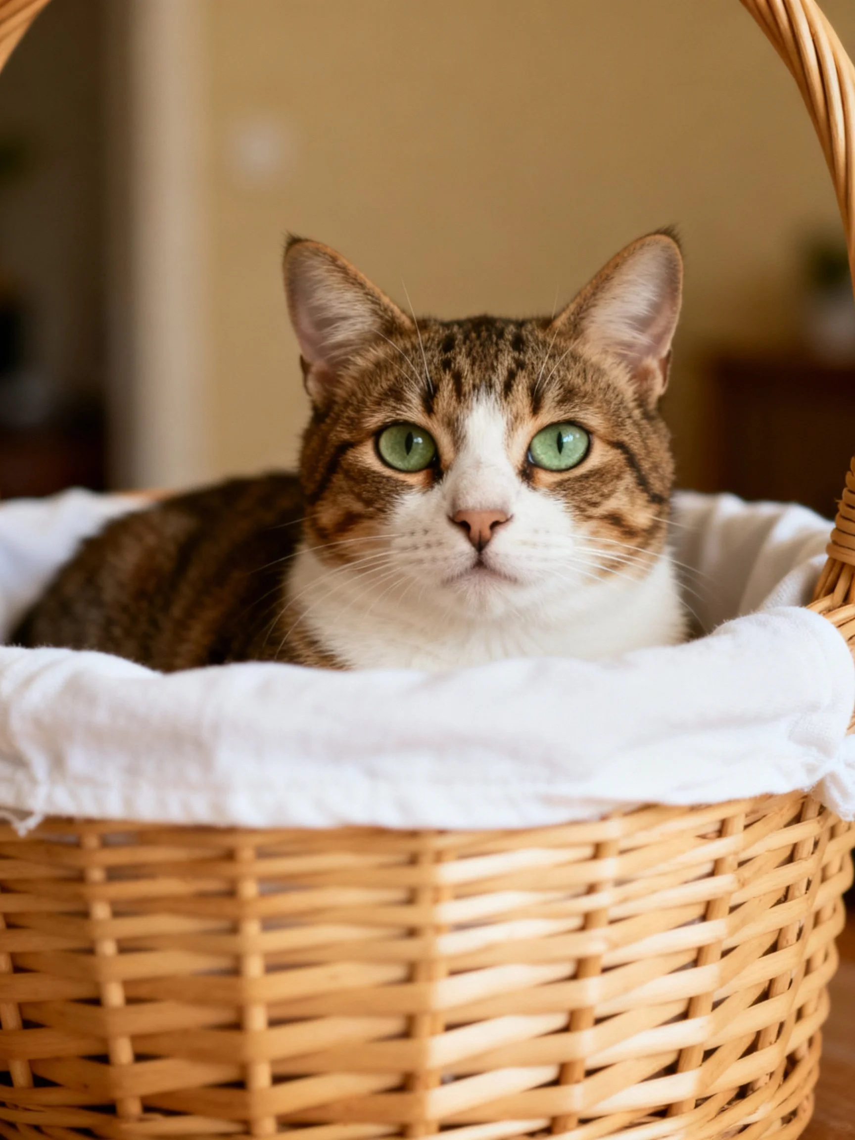 A brown and white tabby cat relaxes inside a wicker basket.