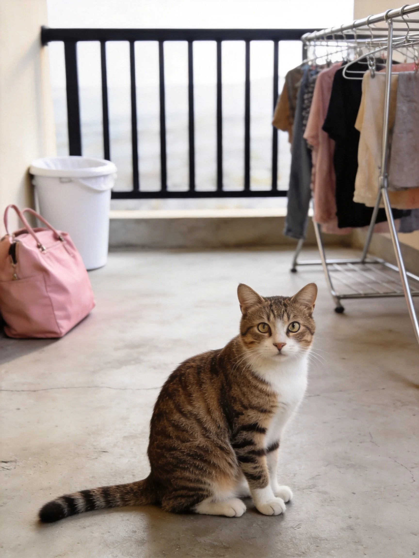 A brown and white tabby cat sits on a concrete balcony floor near household items