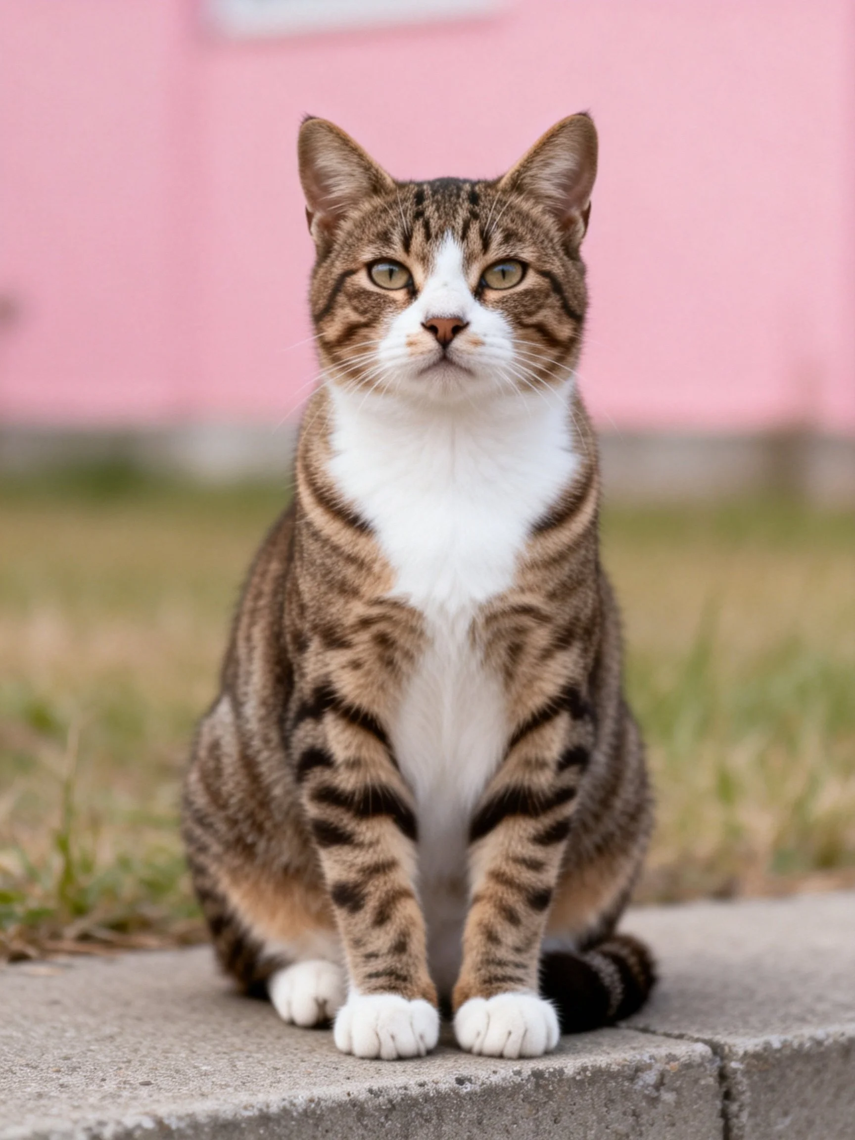 A brown and white tabby cat sits calmly on a concrete ledge beside a pink structure.