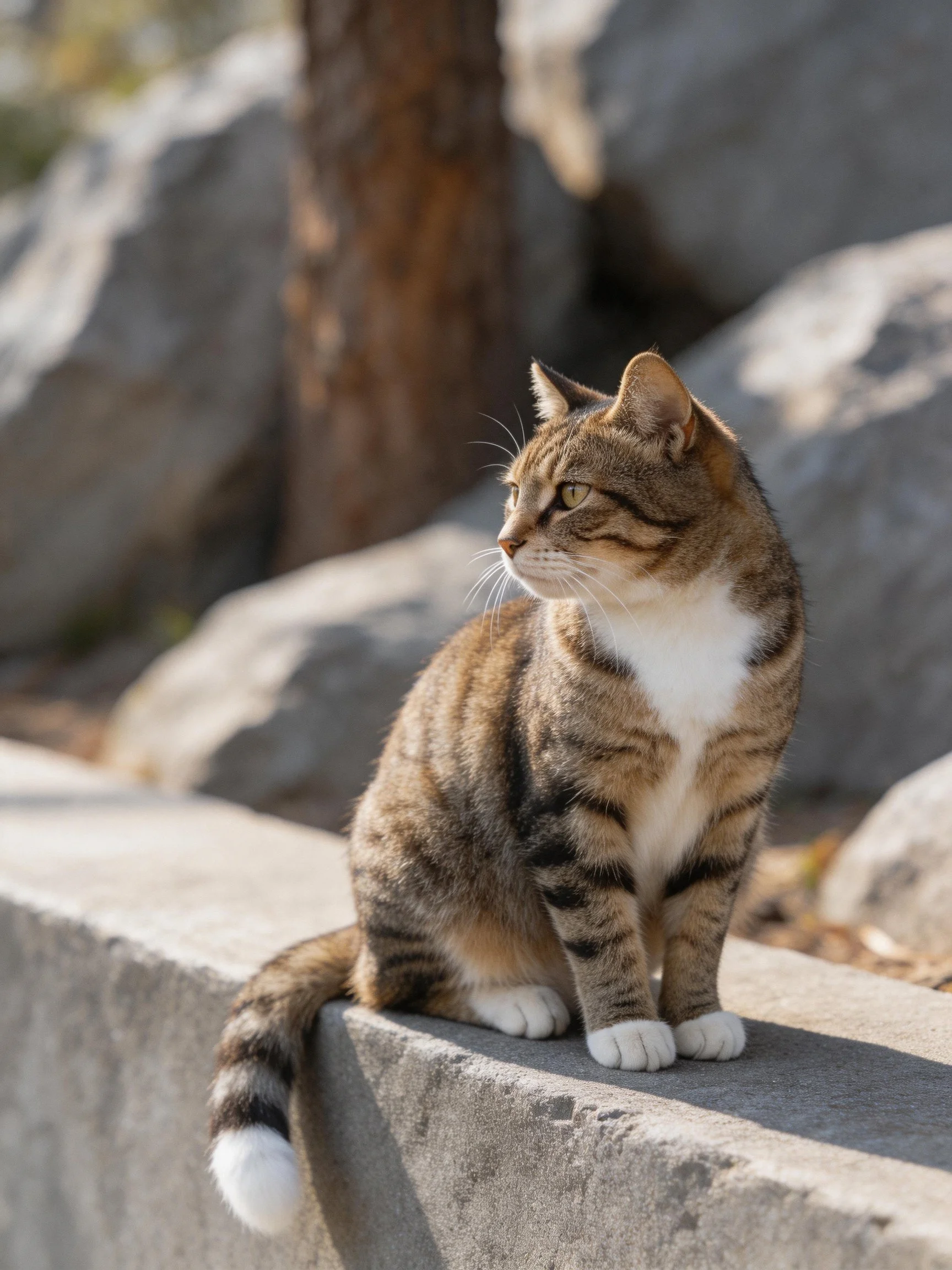 Tabby cat sits on concrete ledge near large rocks