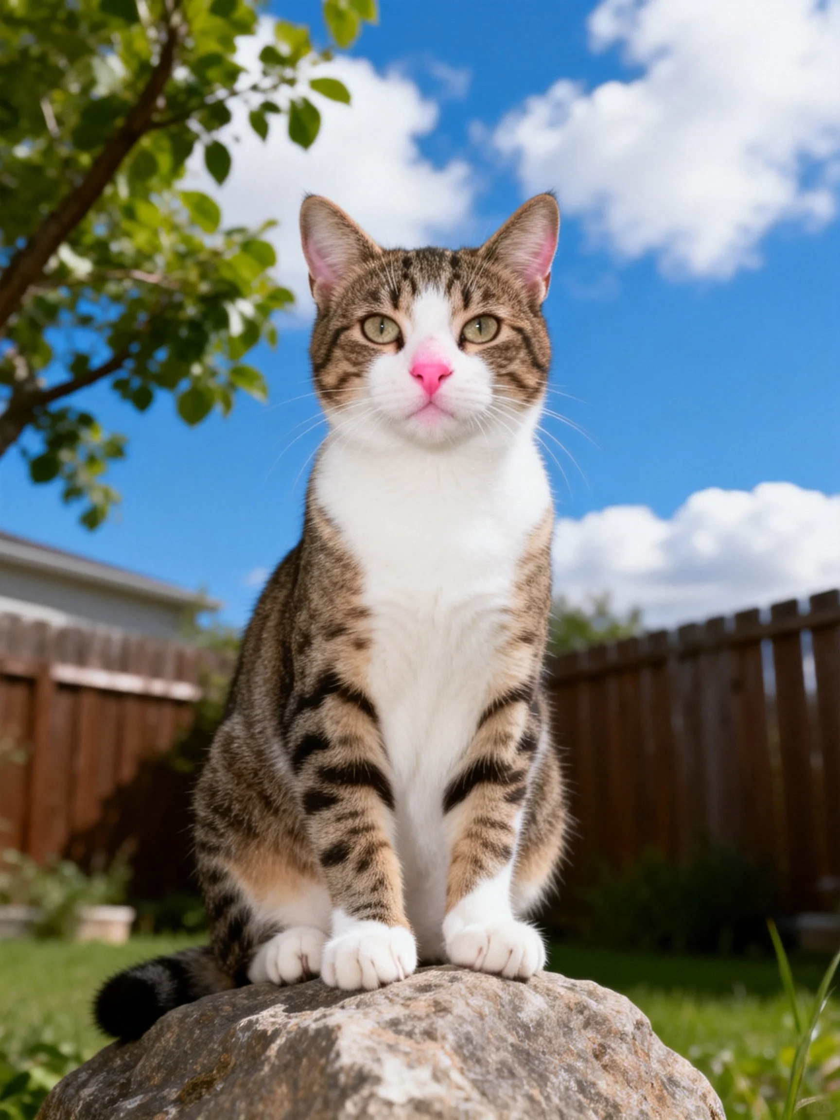 A tabby and white cat sits on a rock in a sunny outdoor setting.