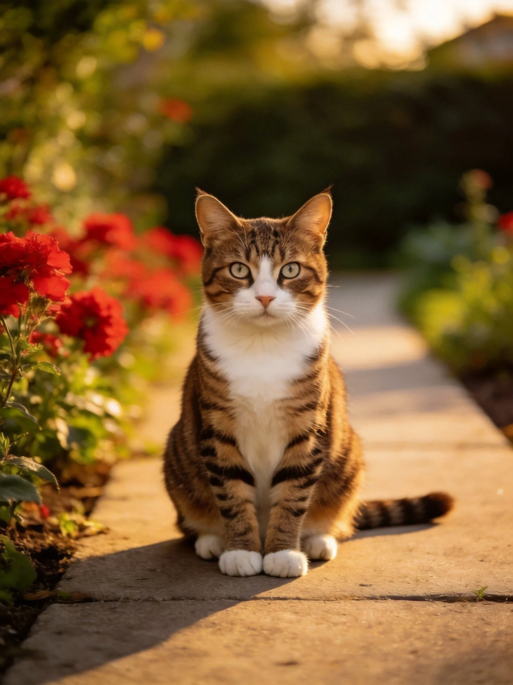 A brown and white tabby cat sits calmly on a sunlit path near bright red flowers