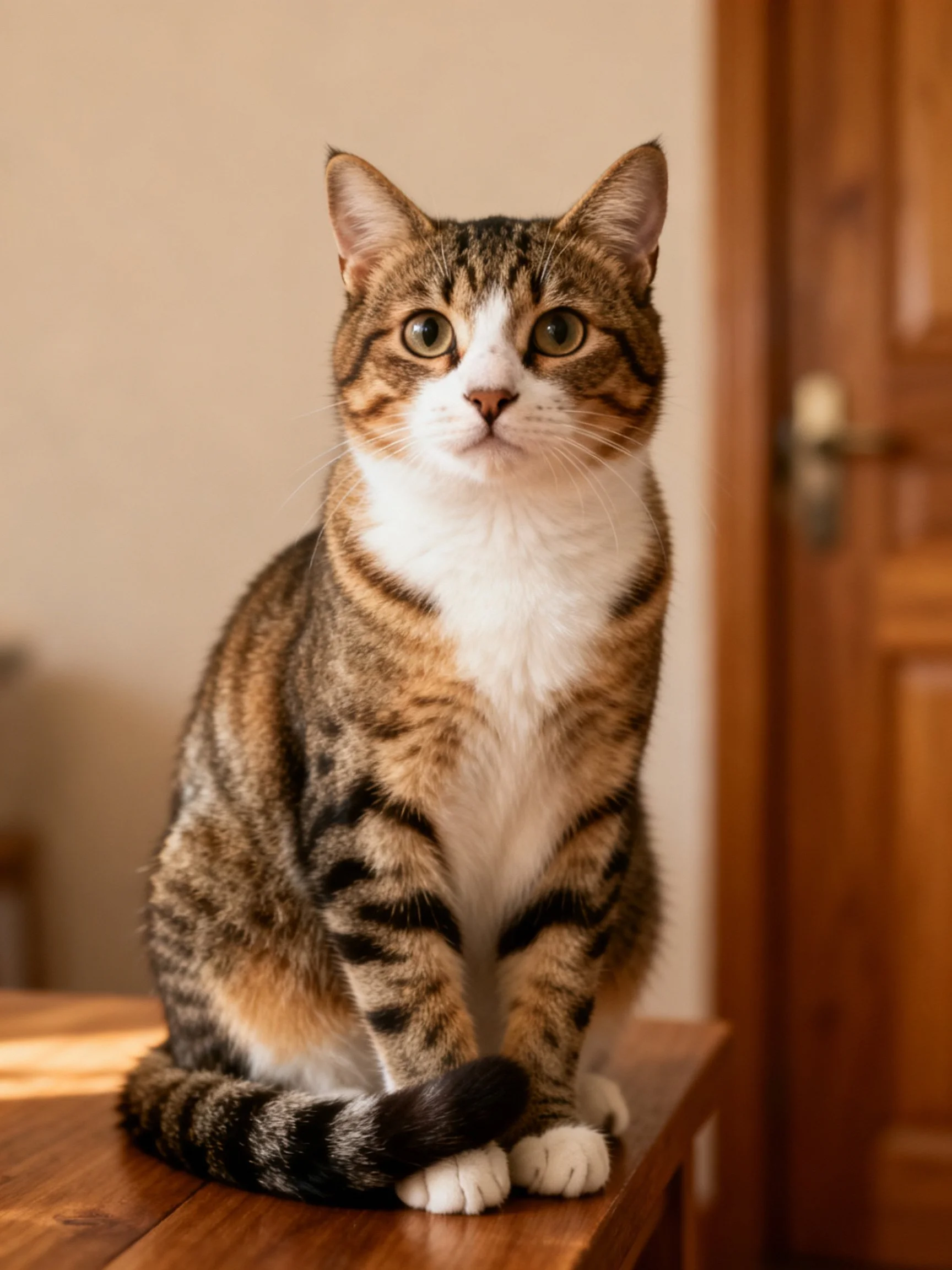 A brown and white tabby cat sits calmly on a wooden table near a door.