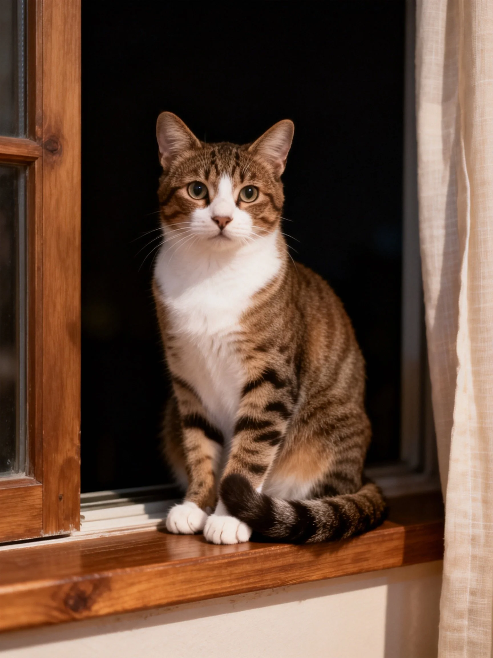A brown and white tabby cat sits on a wooden windowsill near a curtain