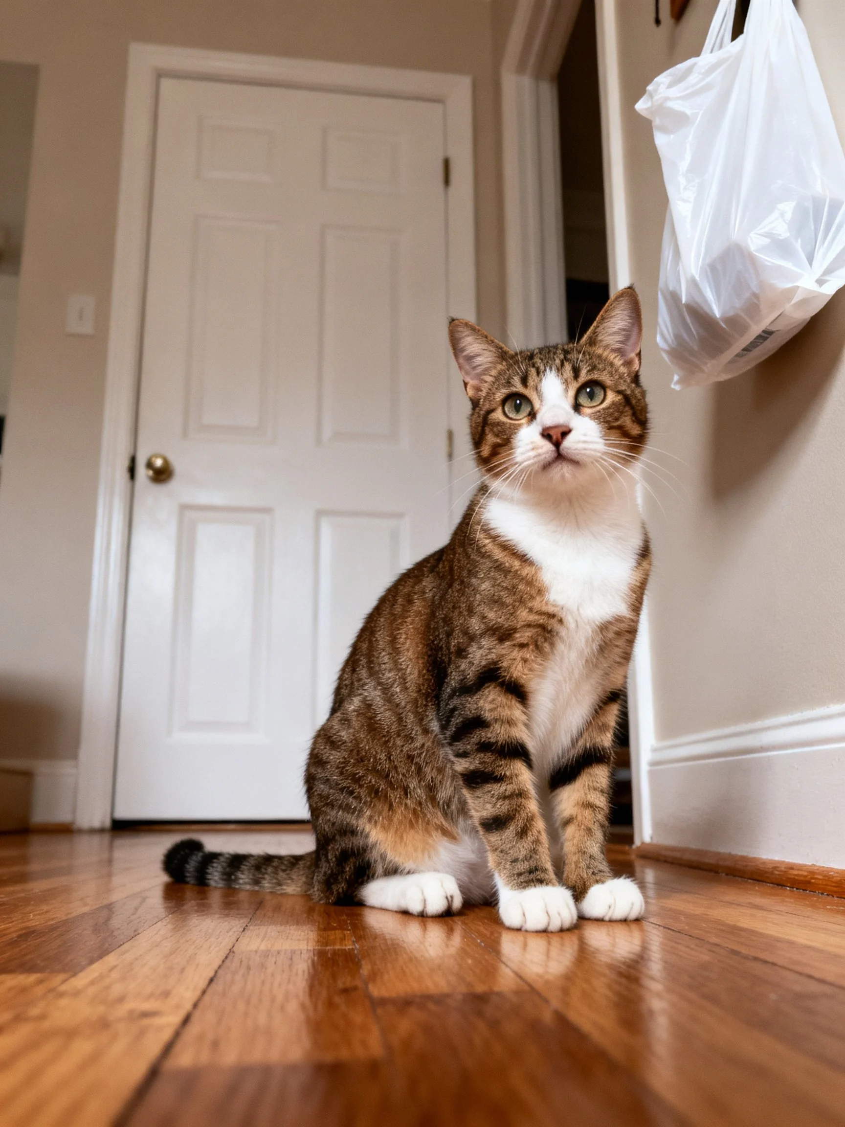 A brown and white tabby cat sits on a wooden floor near a closed white door.