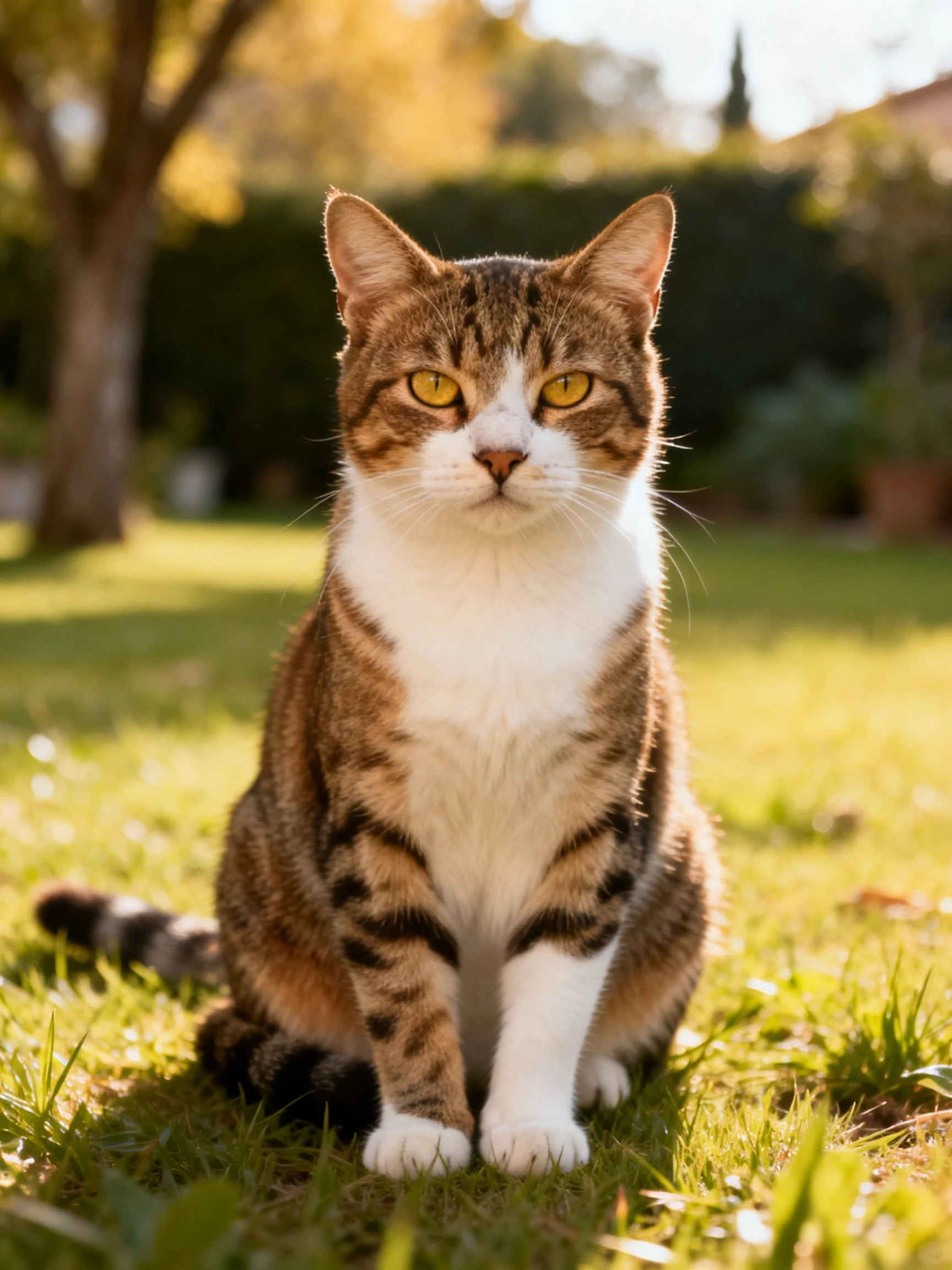 Abrown and white tabby cat sits calmly on grass in a sunlit garden.