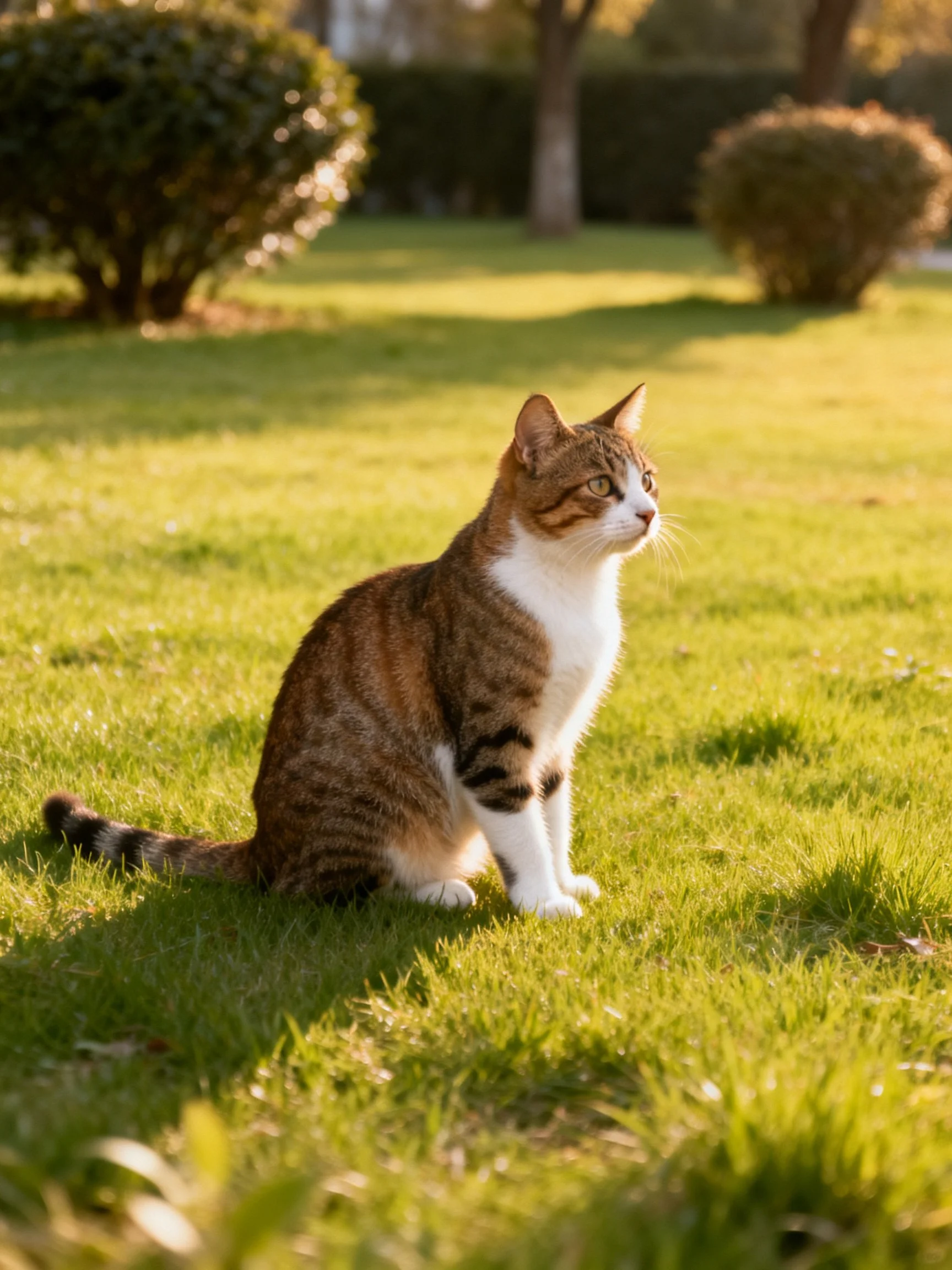 A brown and white tabby cat sits calmly on sunlit grass in a landscaped outdoor area.