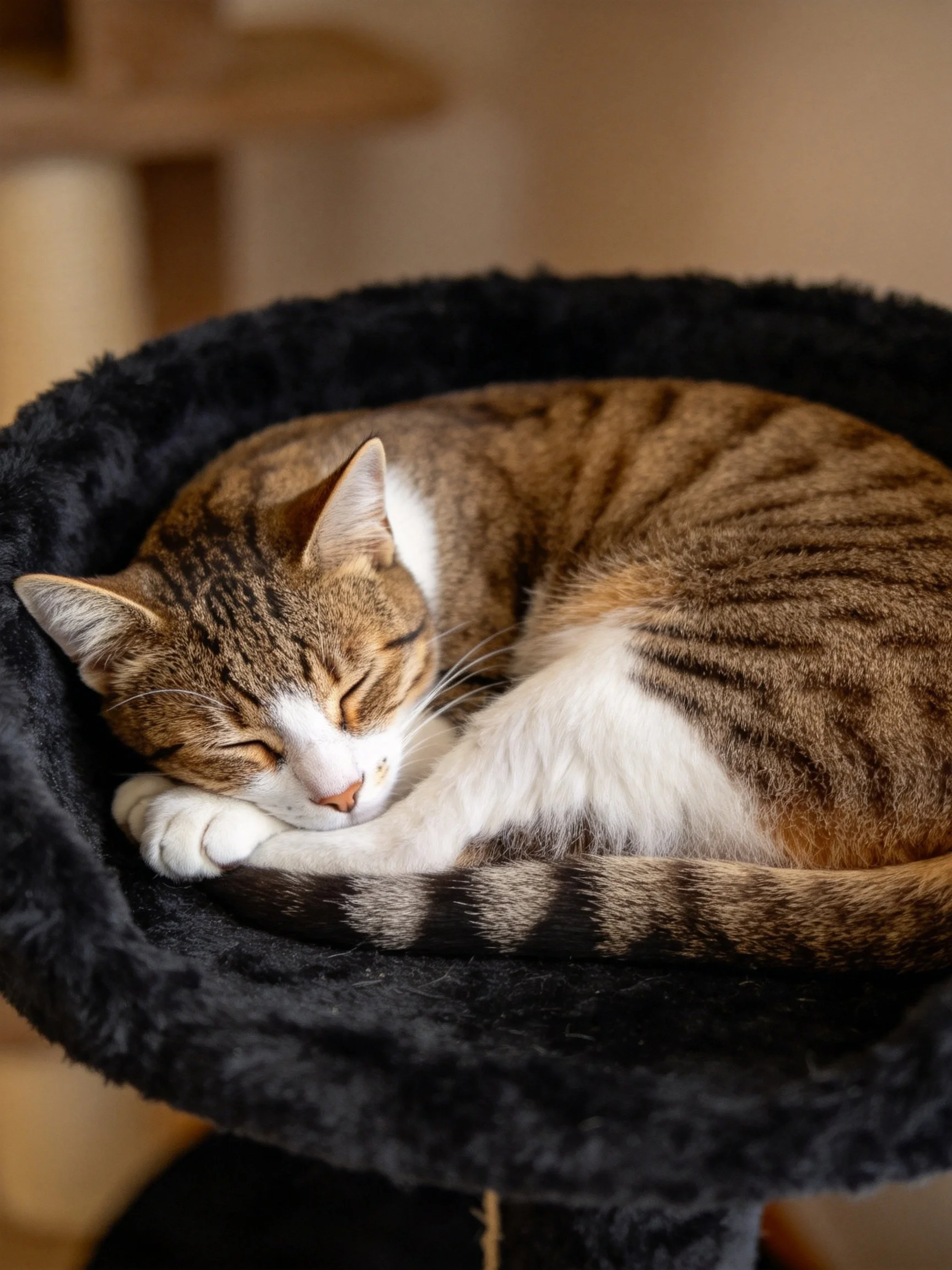 A brown and white tabby cat sleeps in a plush black bed