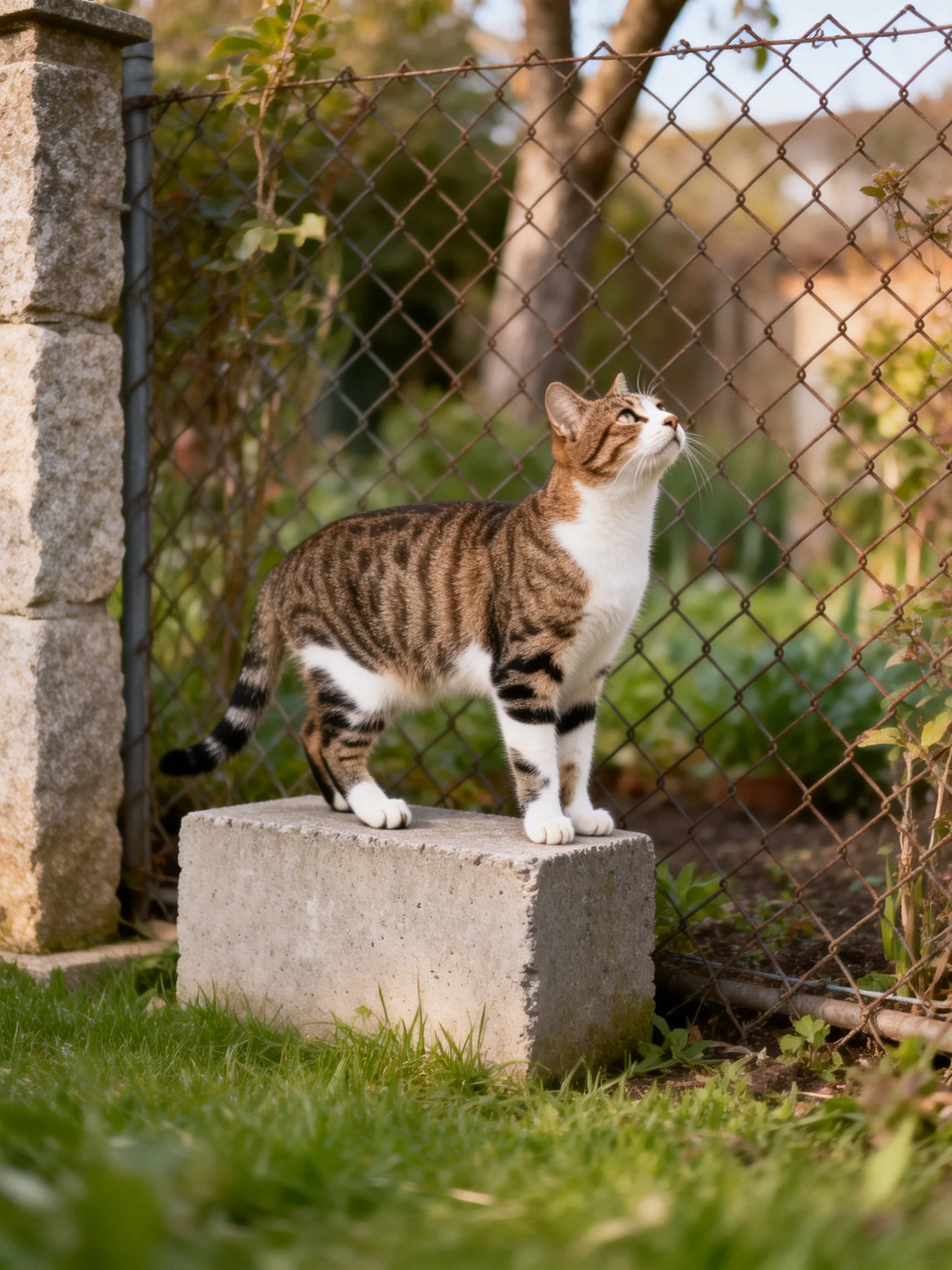 A brown and white tabby cat stands on a concrete block by a wire fence