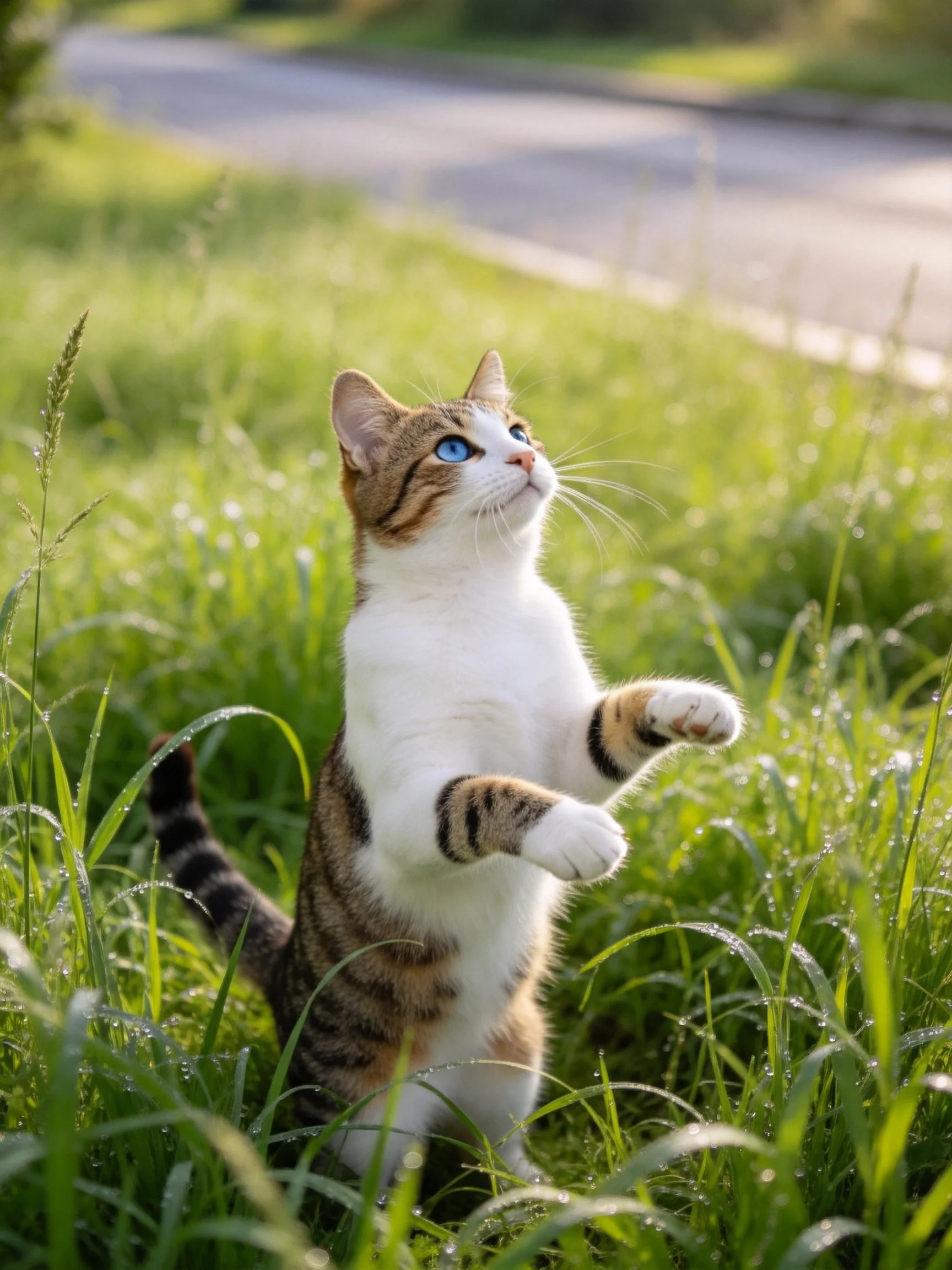 A tabby and white cat stands on hind legs in a sunlit grassy area.