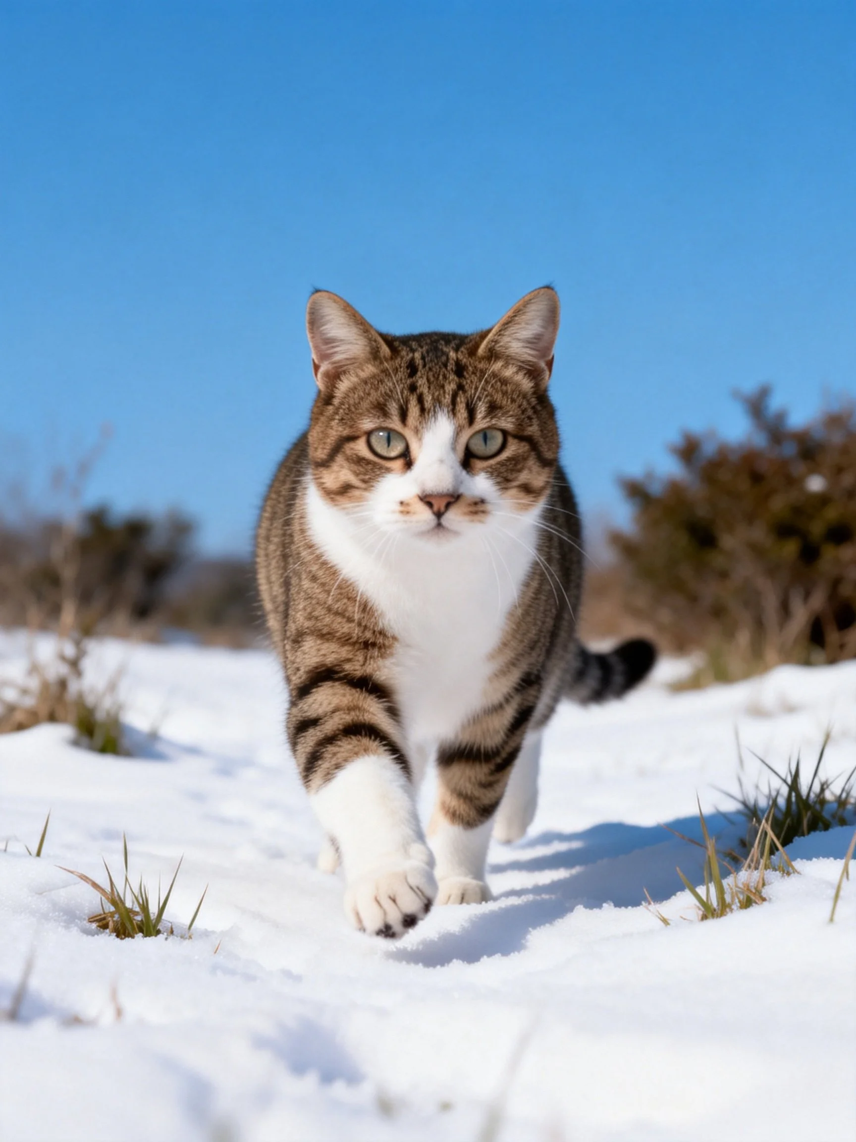 A brown and white tabby cat walks through snowy terrain under clear blue sky