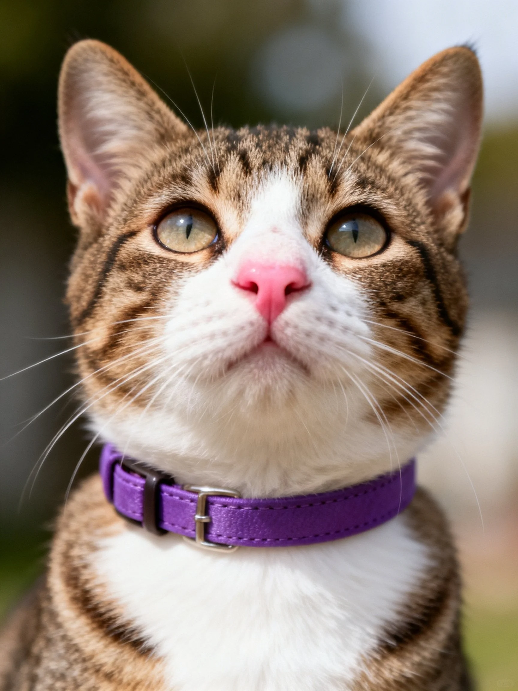 A brown and white tabby cat with a purple collar
