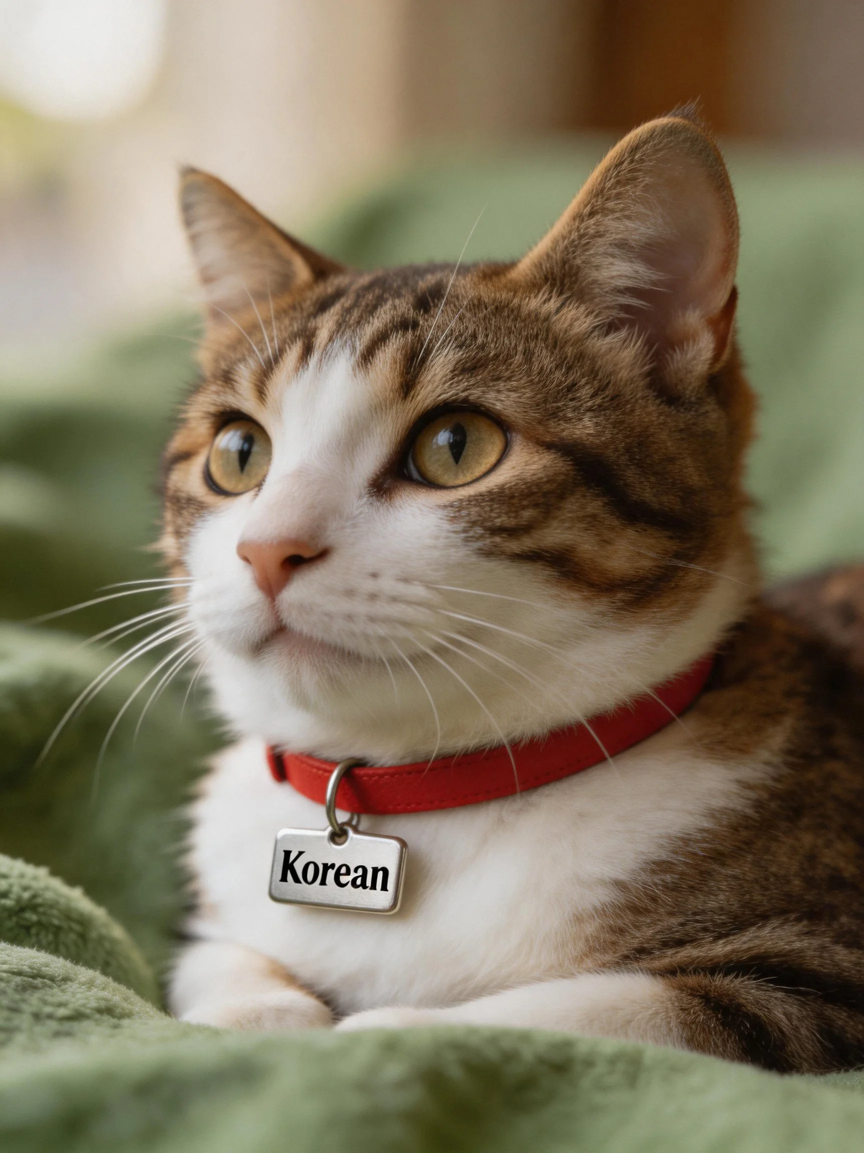 A brown and white cat with a red collar looks upward on a green blanket.