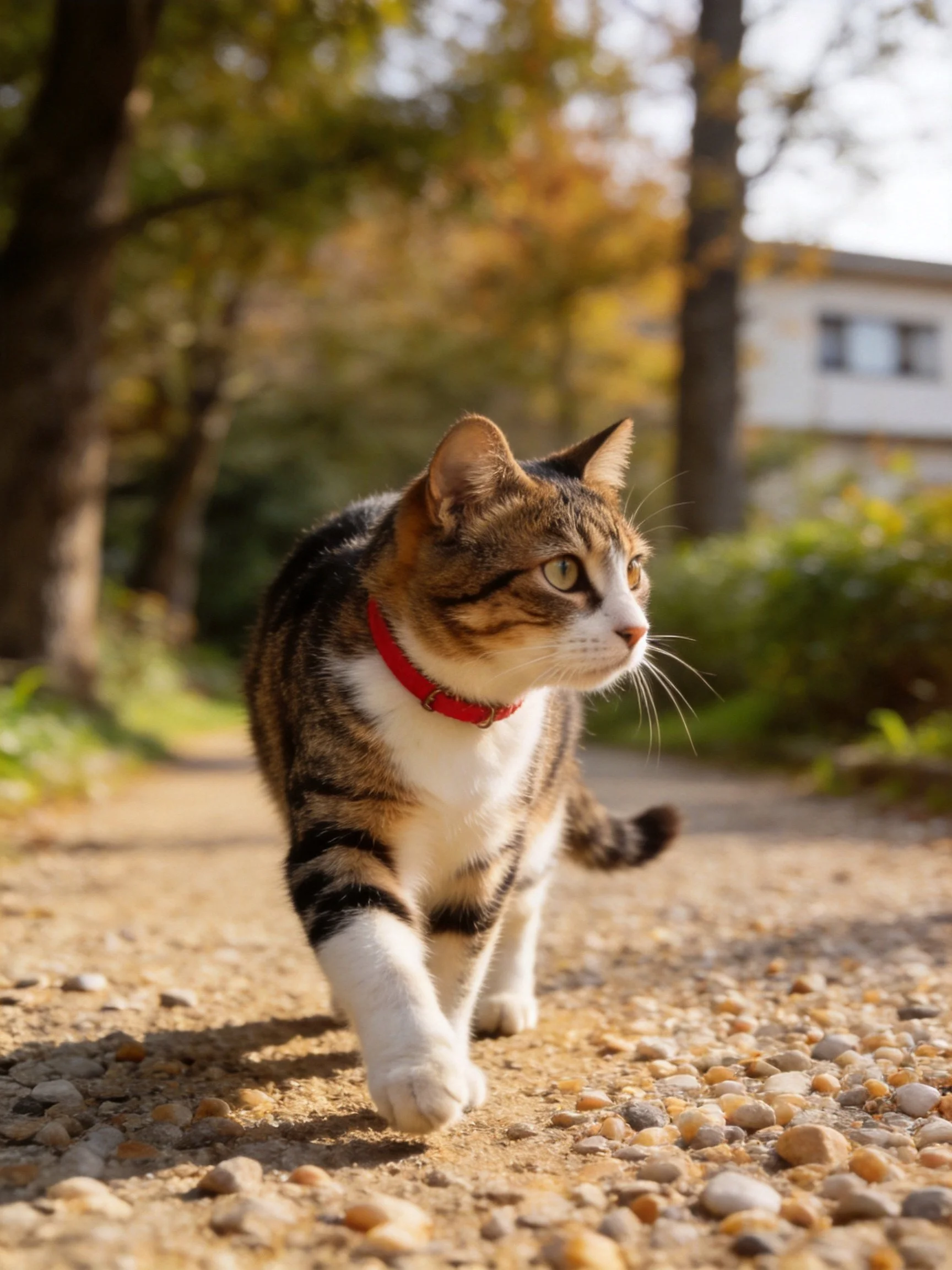 A tabby cat with a red collar walks along a gravel path in a sunlit outdoor setting.