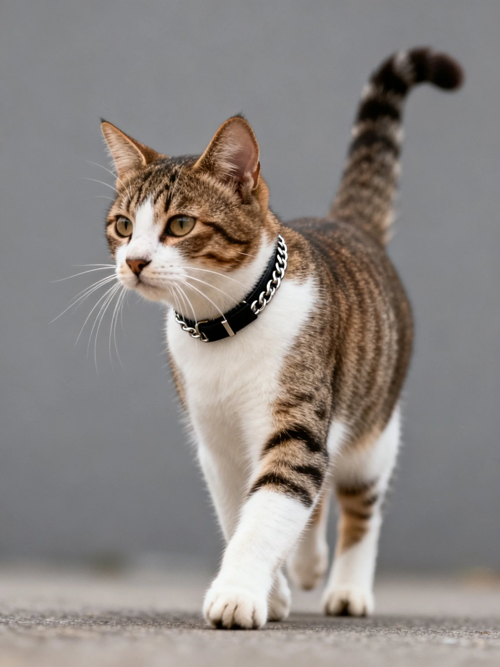 A brown and white tabby cat with a silver chain collar walks forward.