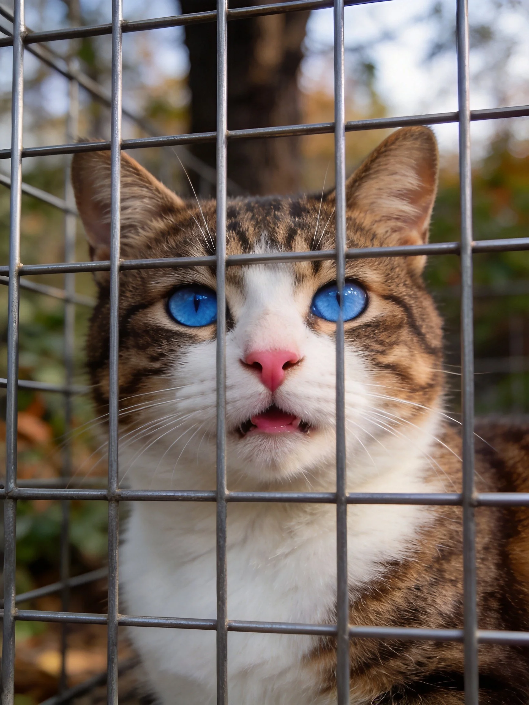 A tabby cat with blue eyes is enclosed in a metal cage outdoors.
