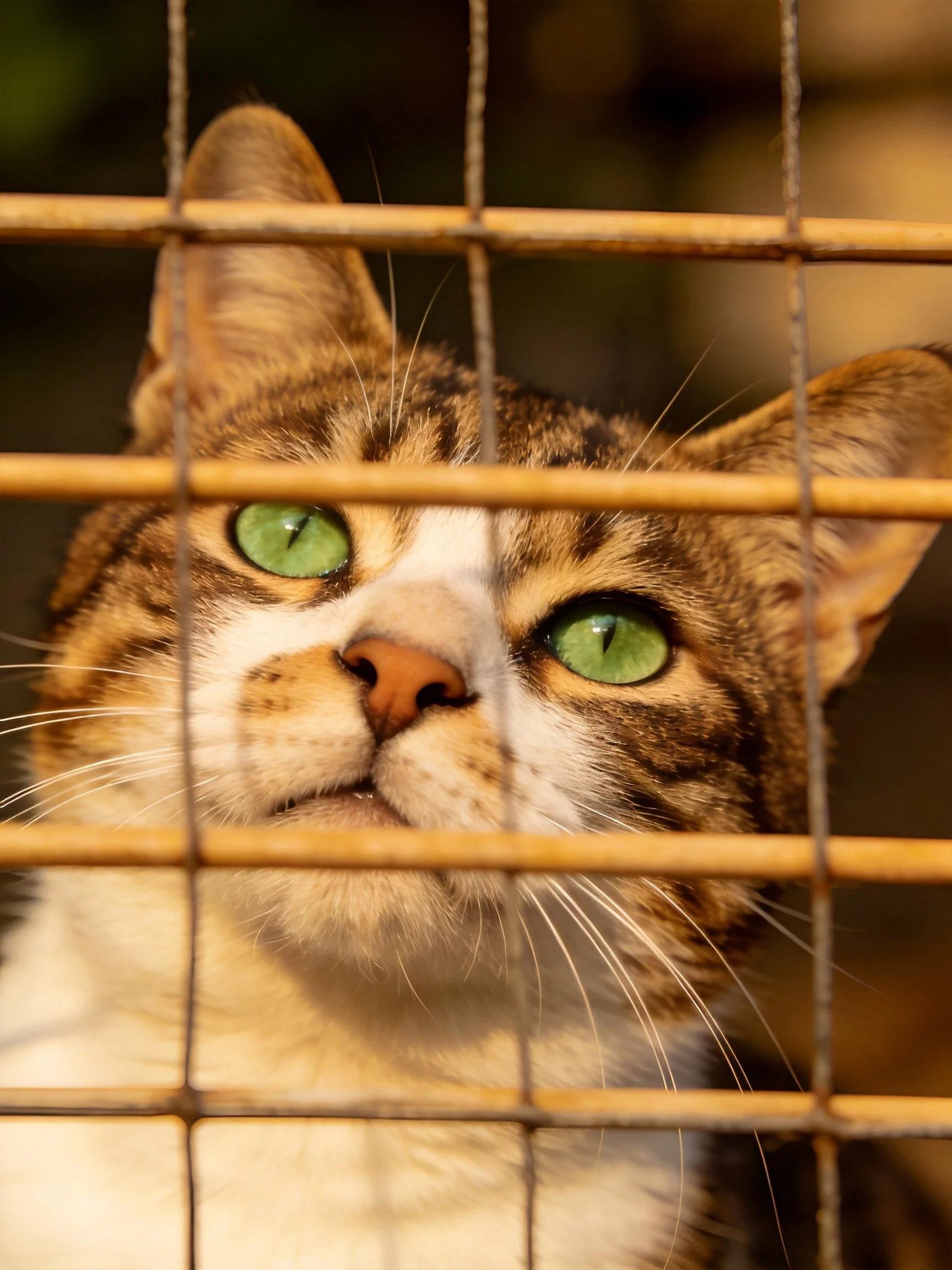 A brown and white tabby cat with green eyes observes through a metal grid.