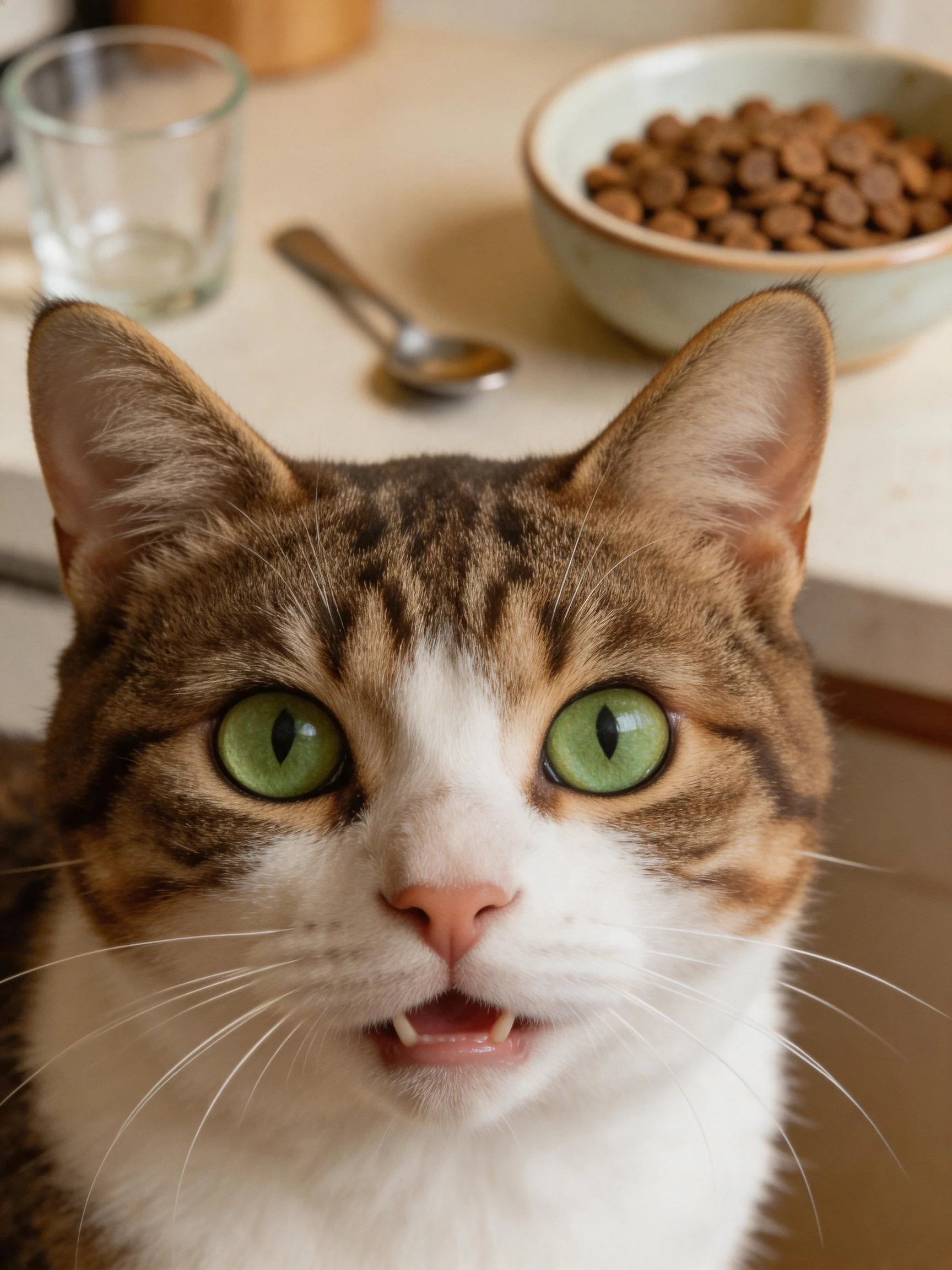 Tabby cat with bright green eyes sits near pet food and utensils