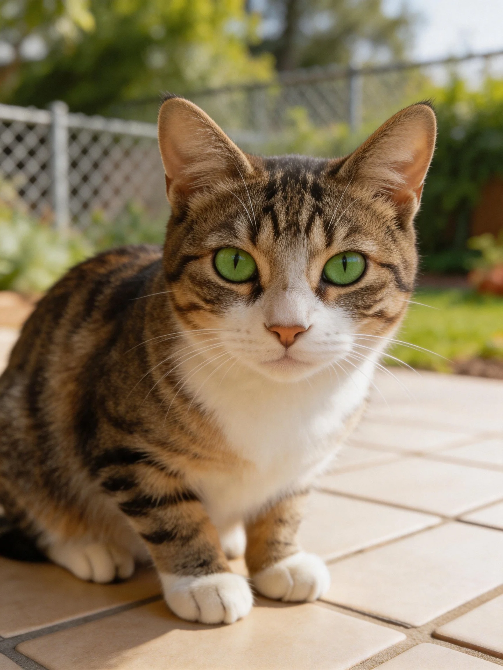 A brown and white tabby cat with bright green eyes sits on a tiled patio near a fenced yard.