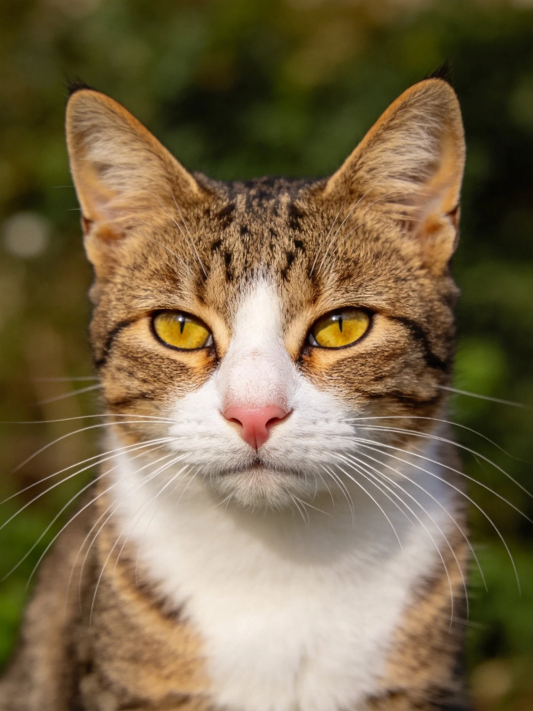 A brown and white tabby cat gazes directly at the camera with vivid yellow eyes.