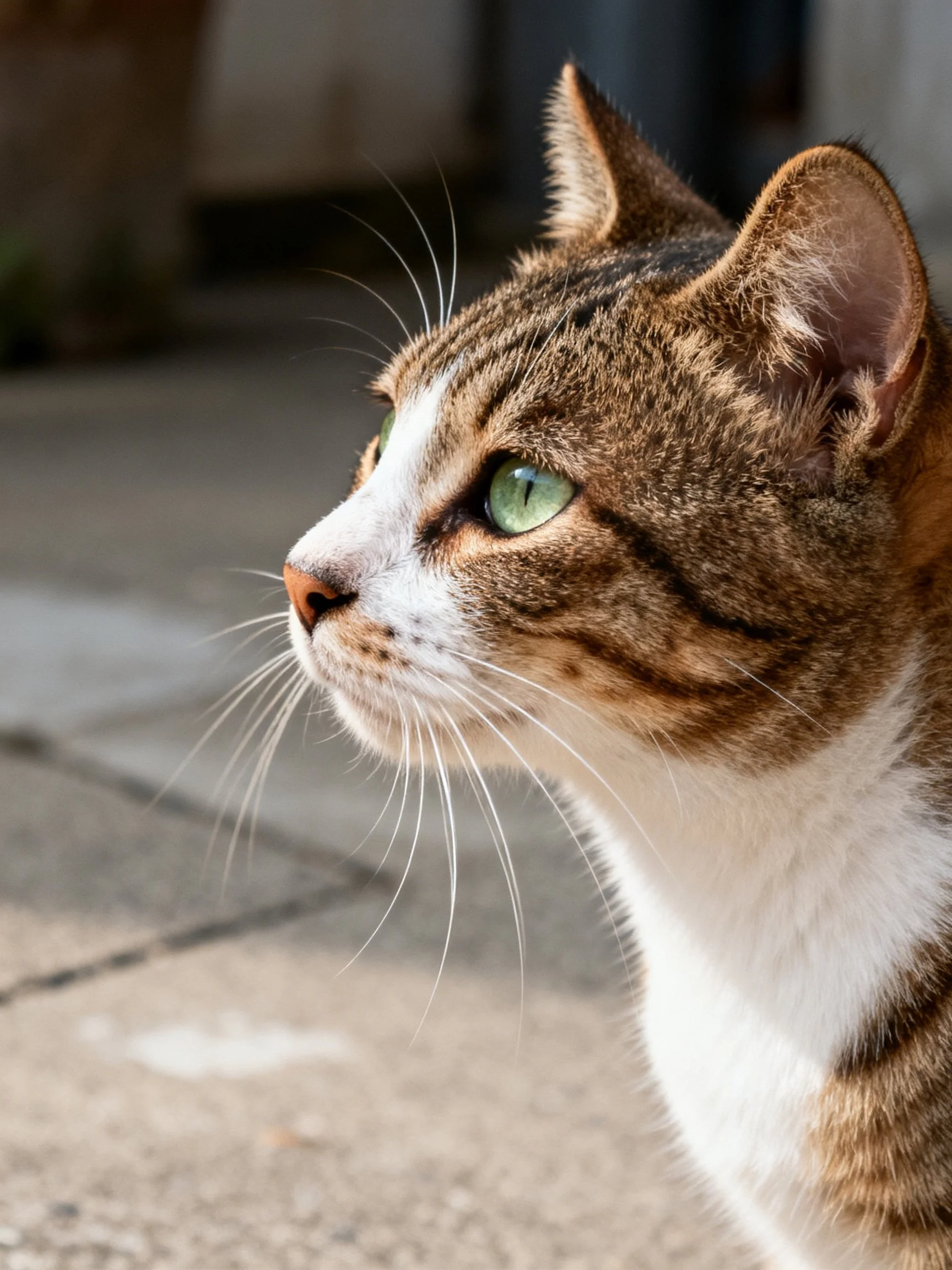A brown and white tabby cat with green eyes gazes outdoors