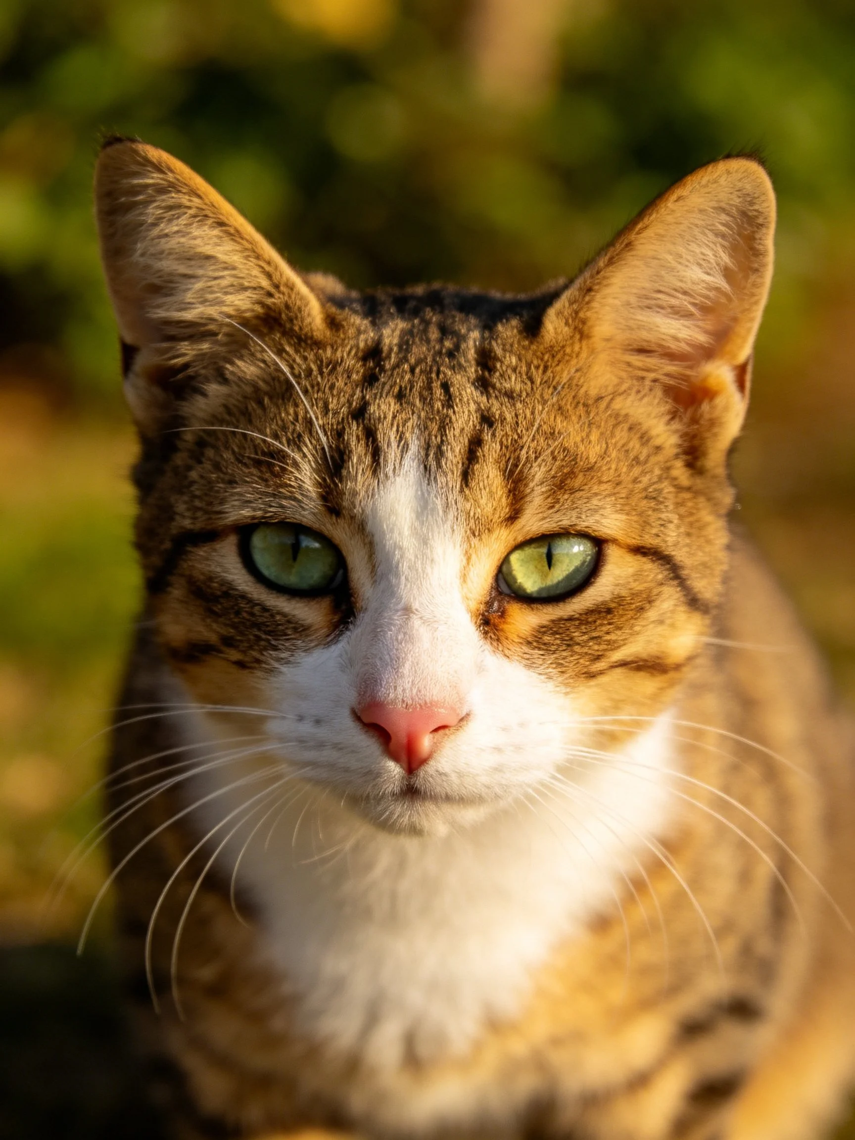 A brown and white tabby cat with green eyes looks directly at the camera outdoors.